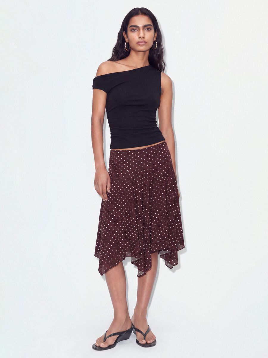 Brown polka-dot skirt in viscose blend with asymmetric hem_0