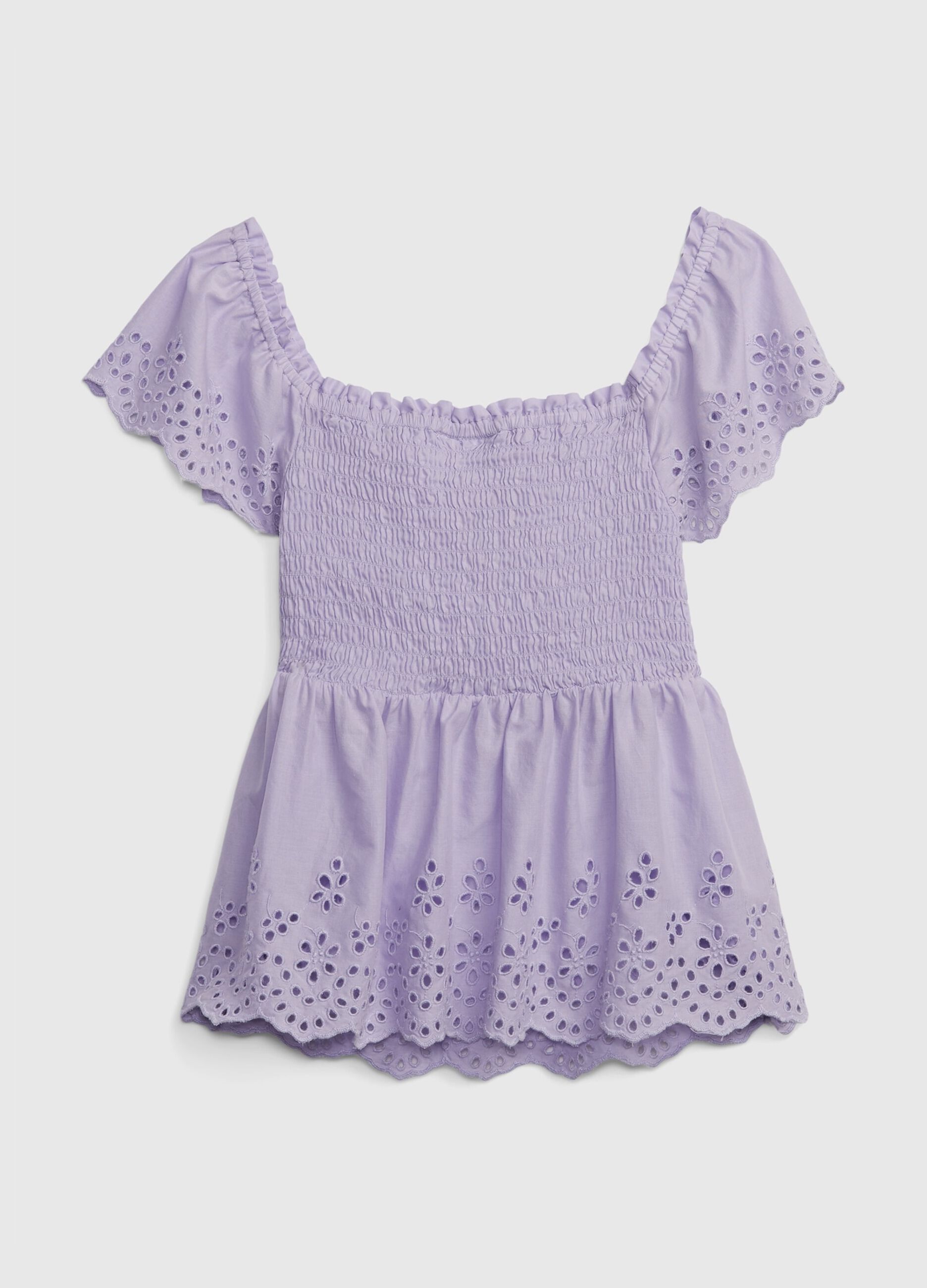 T-shirt with broderie anglaise decoration and smock stitch
