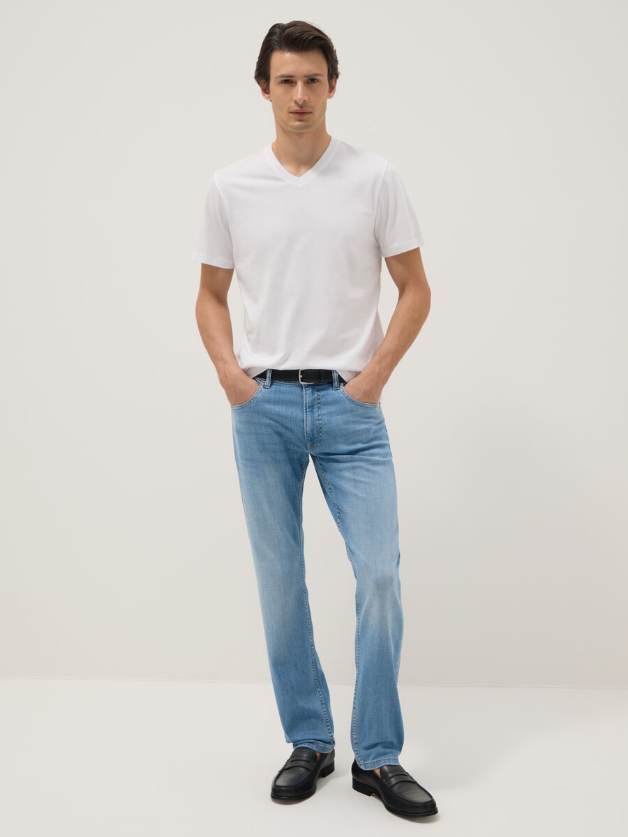 Light blue slim fit stretch cotton denim jeans_0