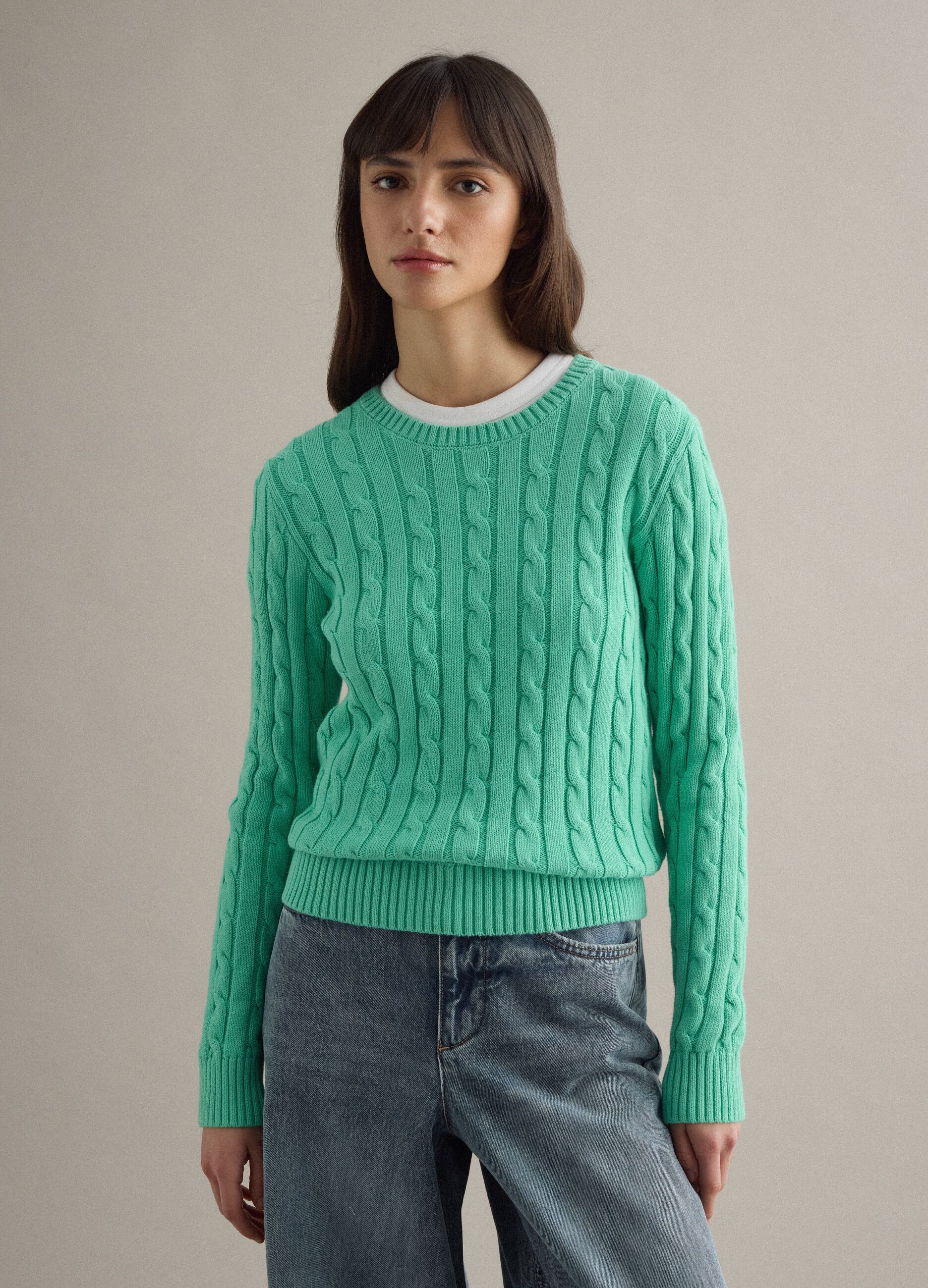 Green pure cotton regular fit sweater with cable knit