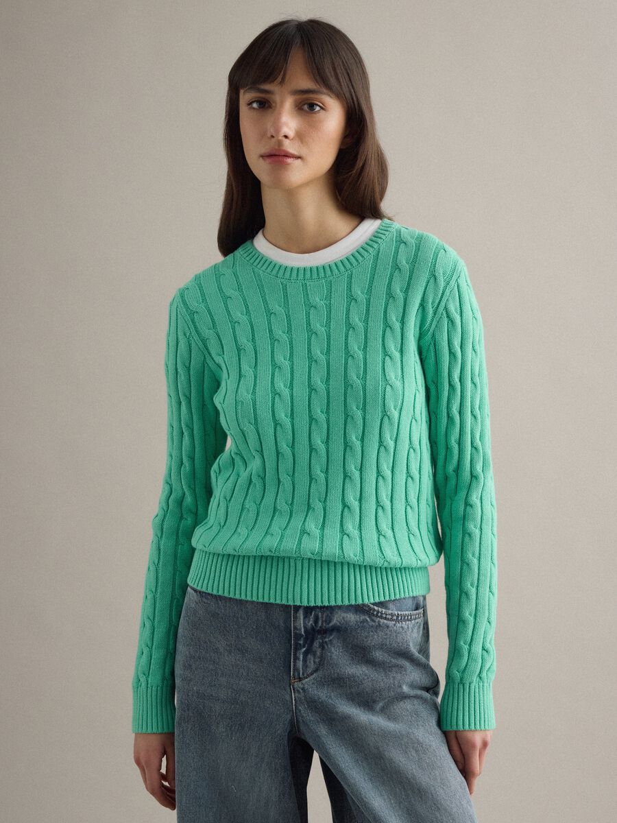 Green pure cotton regular fit sweater with cable knit_0