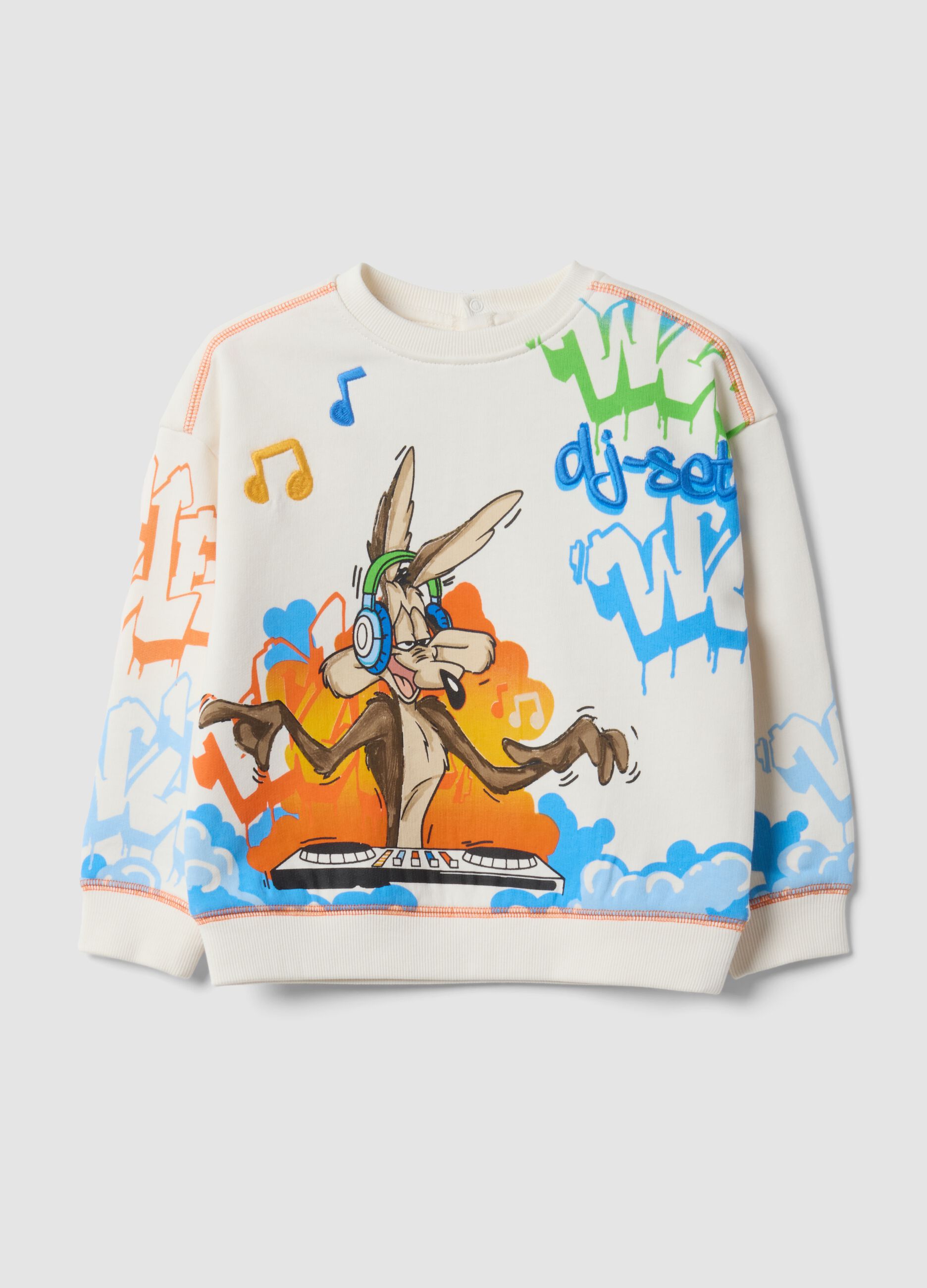 White sweatshirt in pure organic cotton with Looney Tunes print for baby boy
