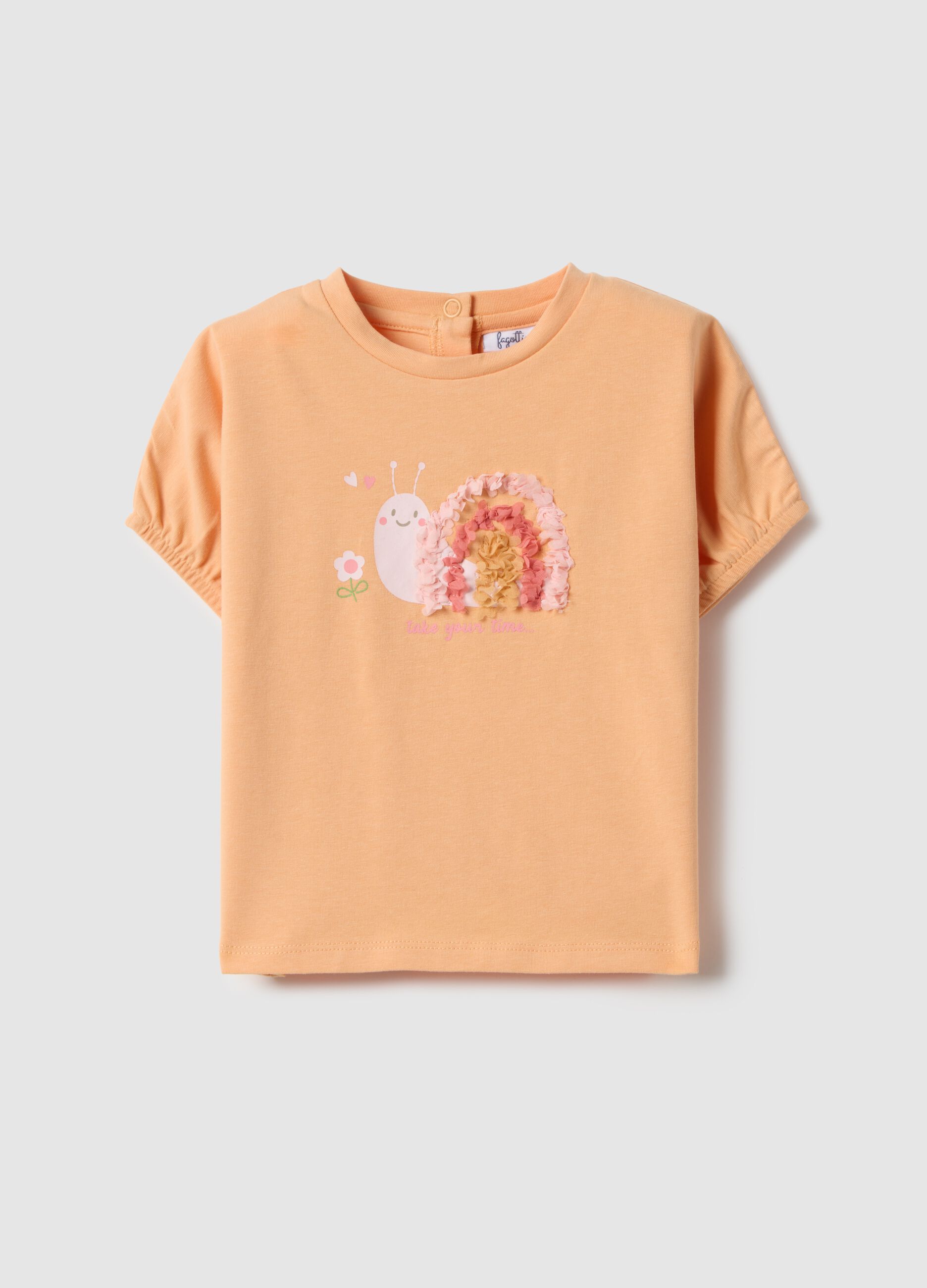 T-shirt laranja de menina em mistura de algod&atilde;o, corte regular com bordado