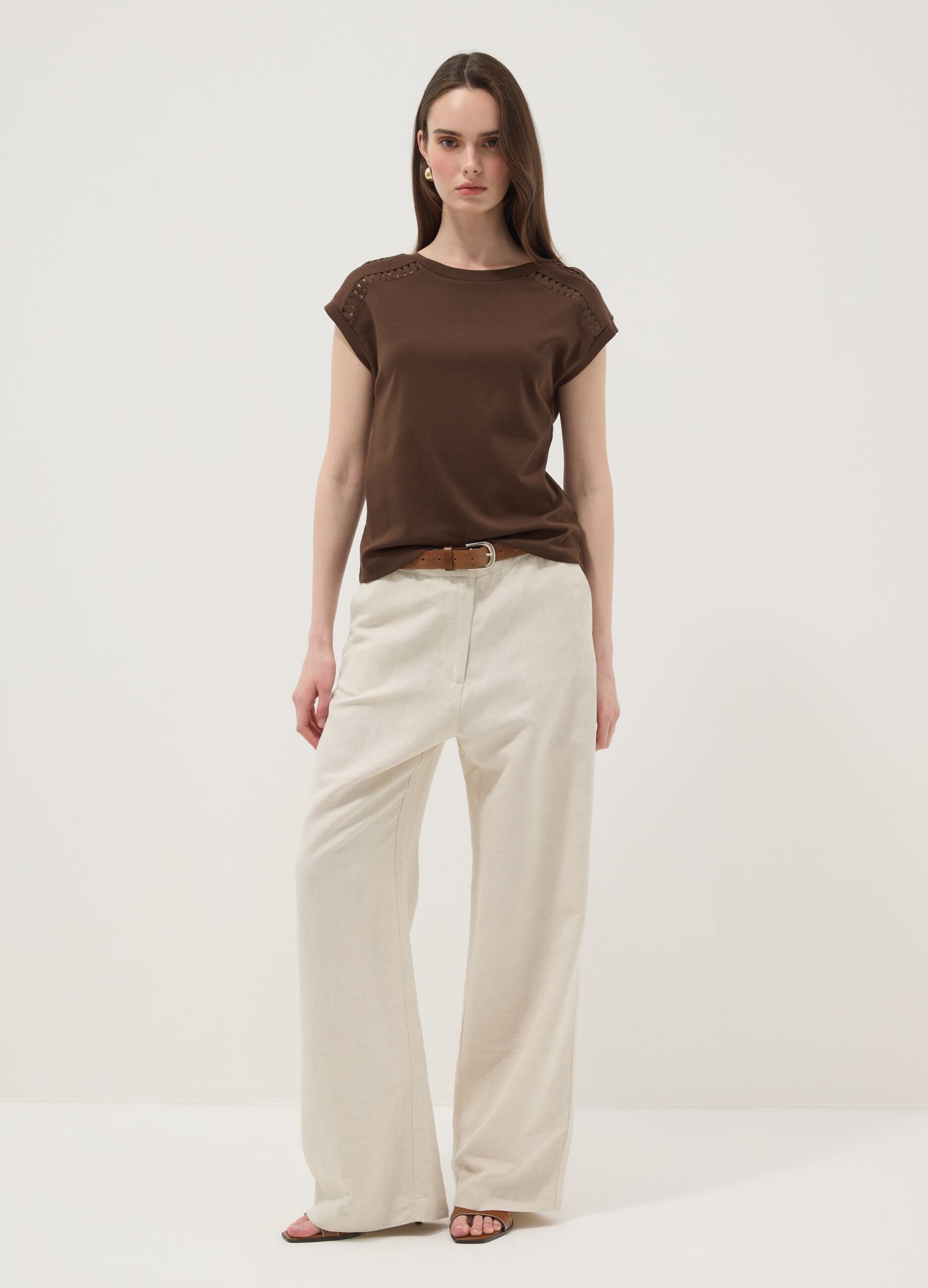 Brown pure cotton T-shirt with cut-out detailing