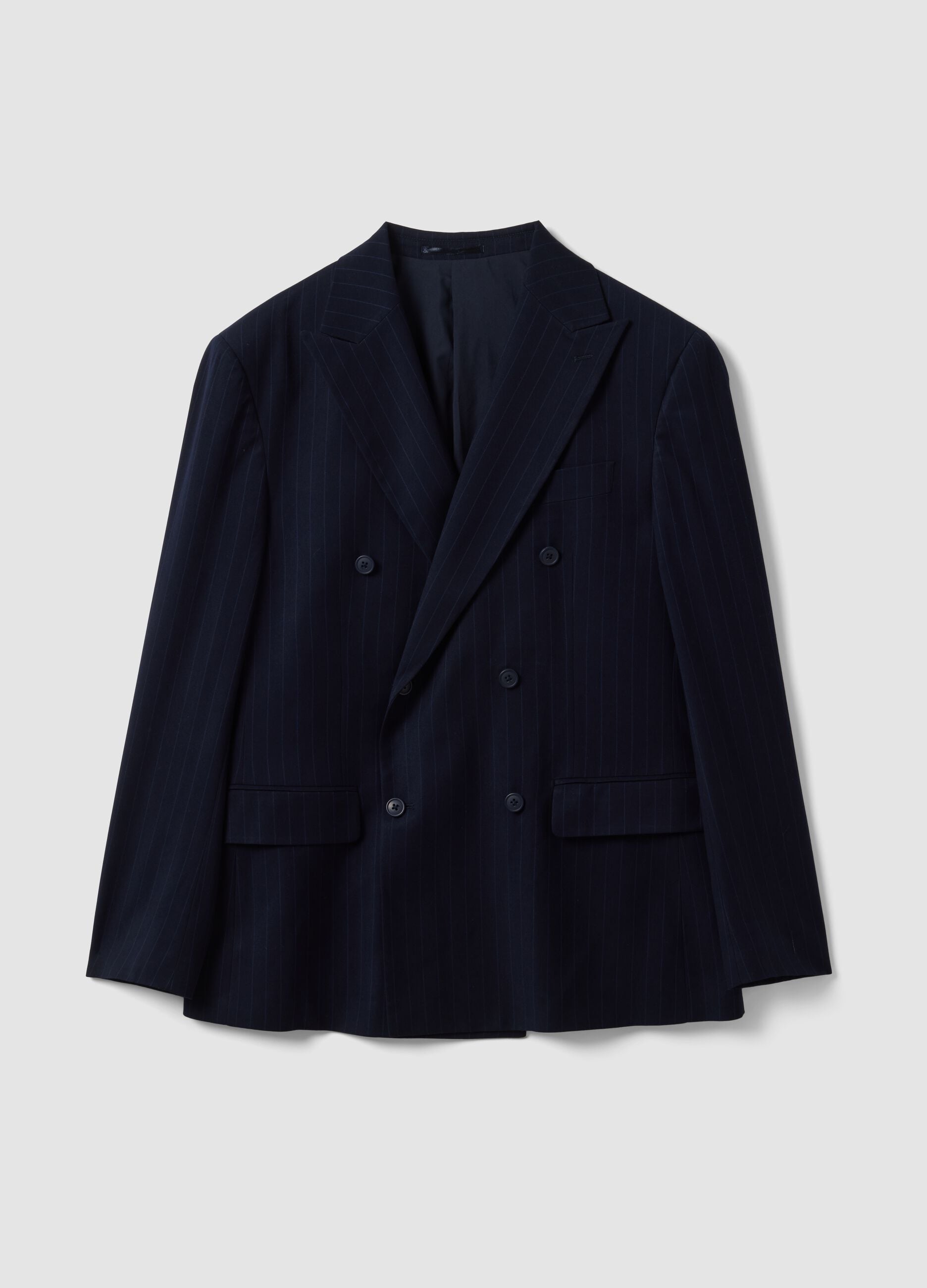 Blue pinstripe double-breasted stretch viscose suit