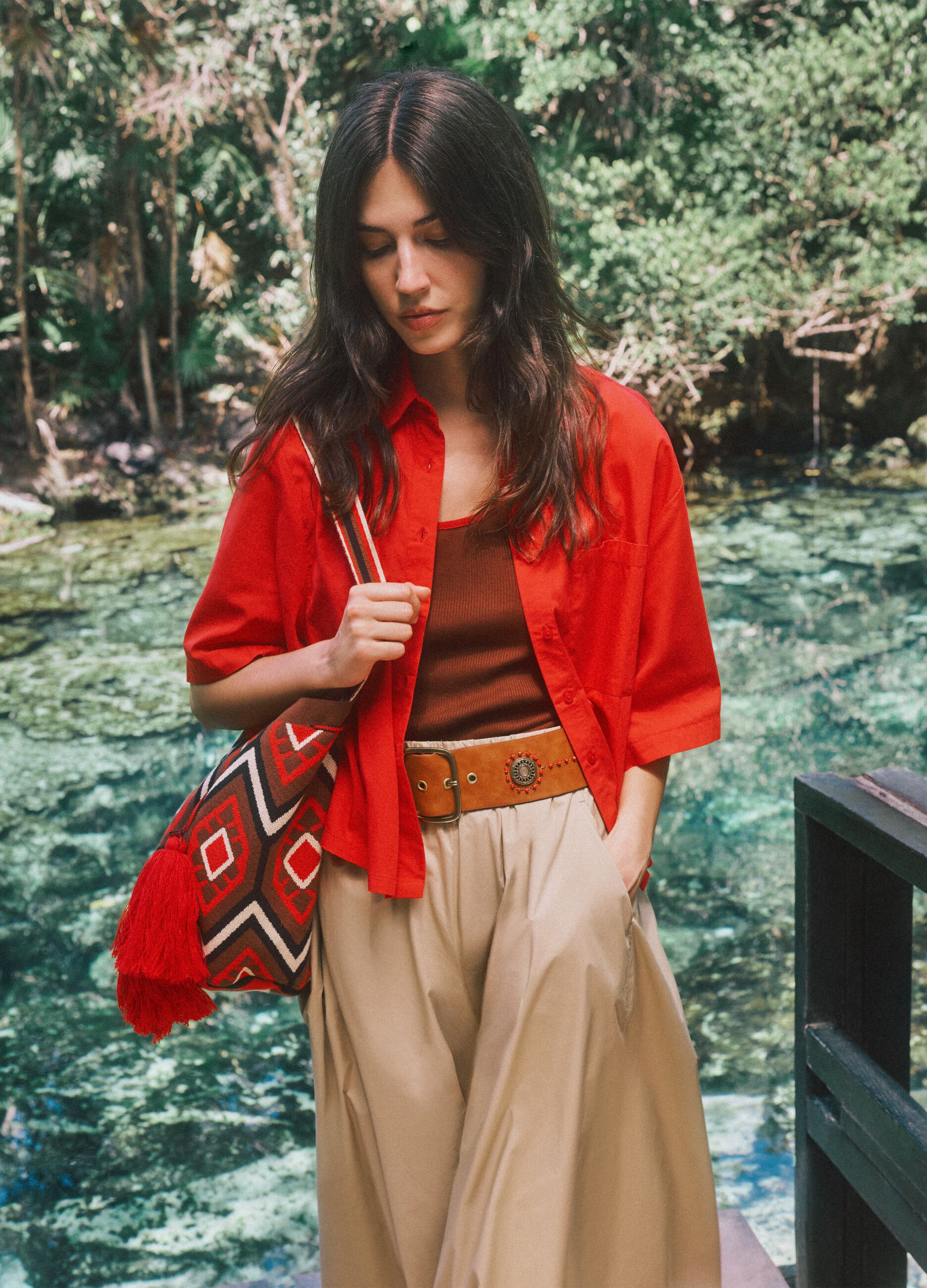 Red pure cotton shirt with chest pocket, oversized fit