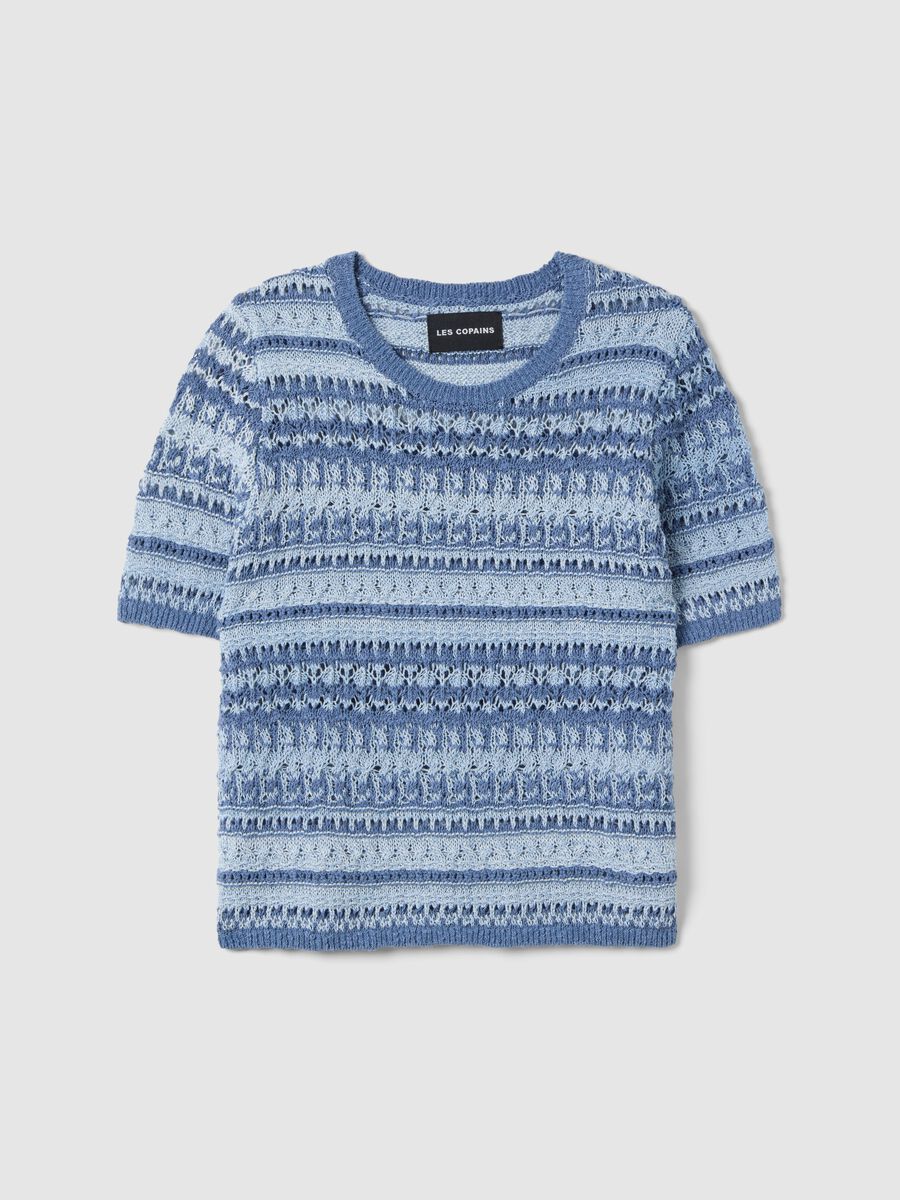 Blaues Baumwollmischgewebe Pullover im Regular Fit mit Strickmuster_0