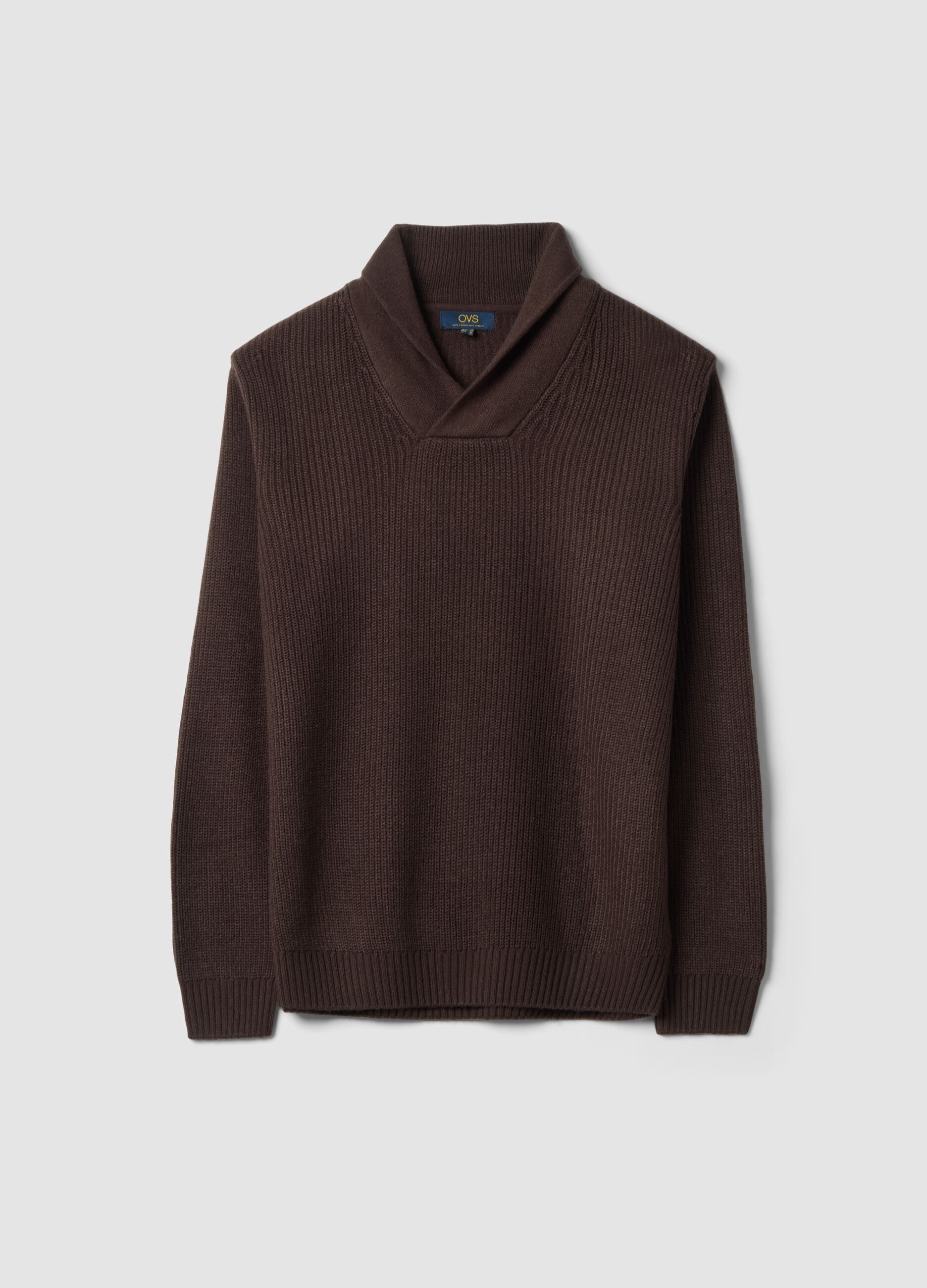 Brown ribbed shawl-collar jumper, regular fit