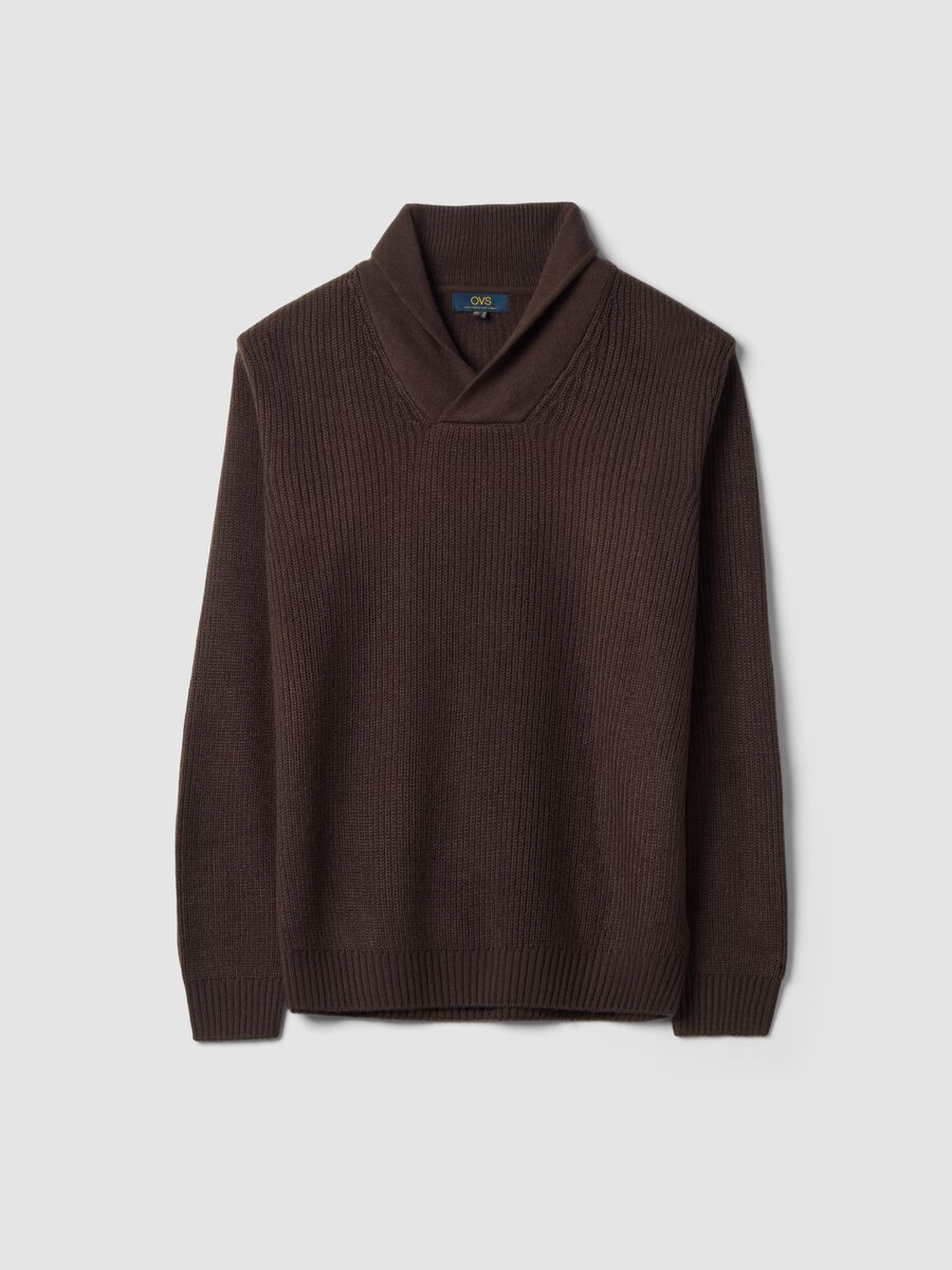 Brown ribbed shawl-collar jumper, regular fit_0