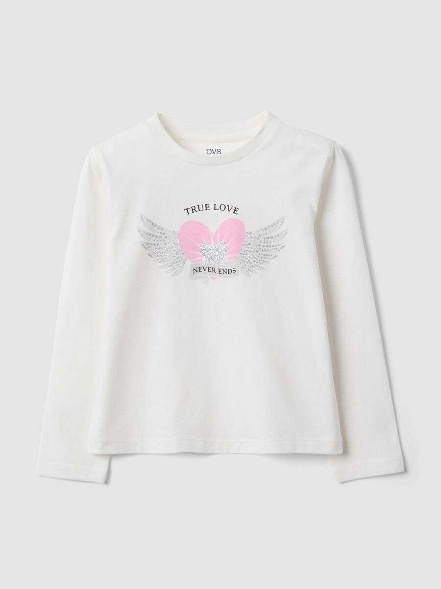 White pure organic cotton T-shirt with heart and wings print for girls_0