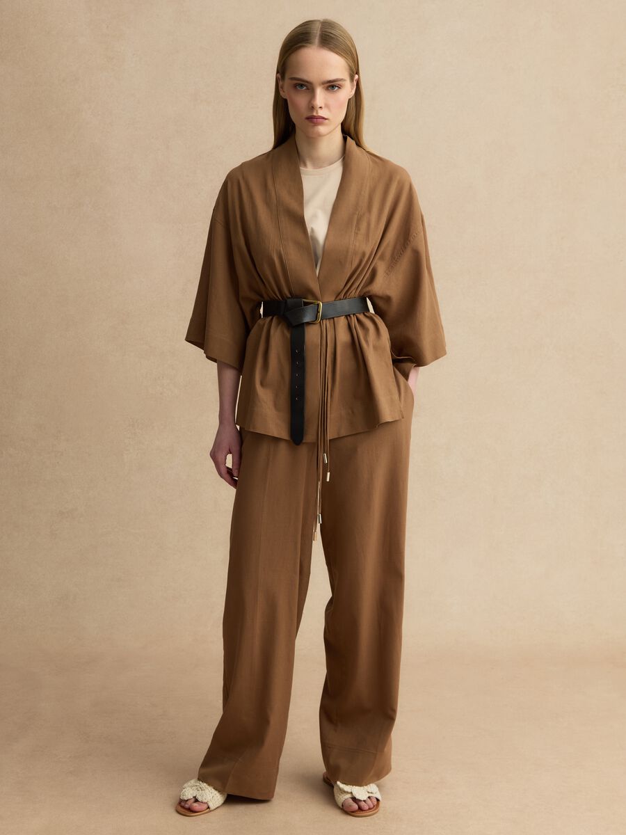 Brauner Regular Fit Blazer aus Leinenmischung mit B&auml;ndern_0