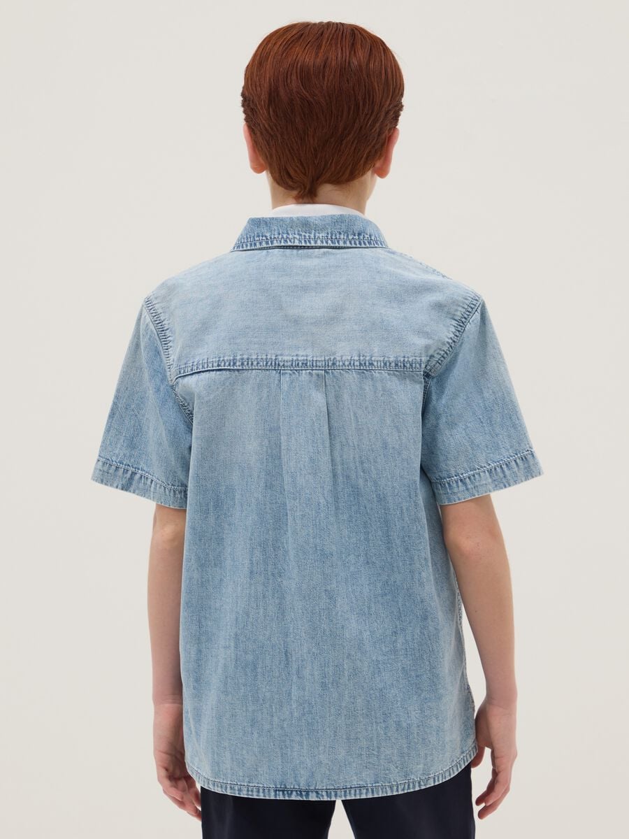 Light blue short-sleeve pure cotton denim shirt_1