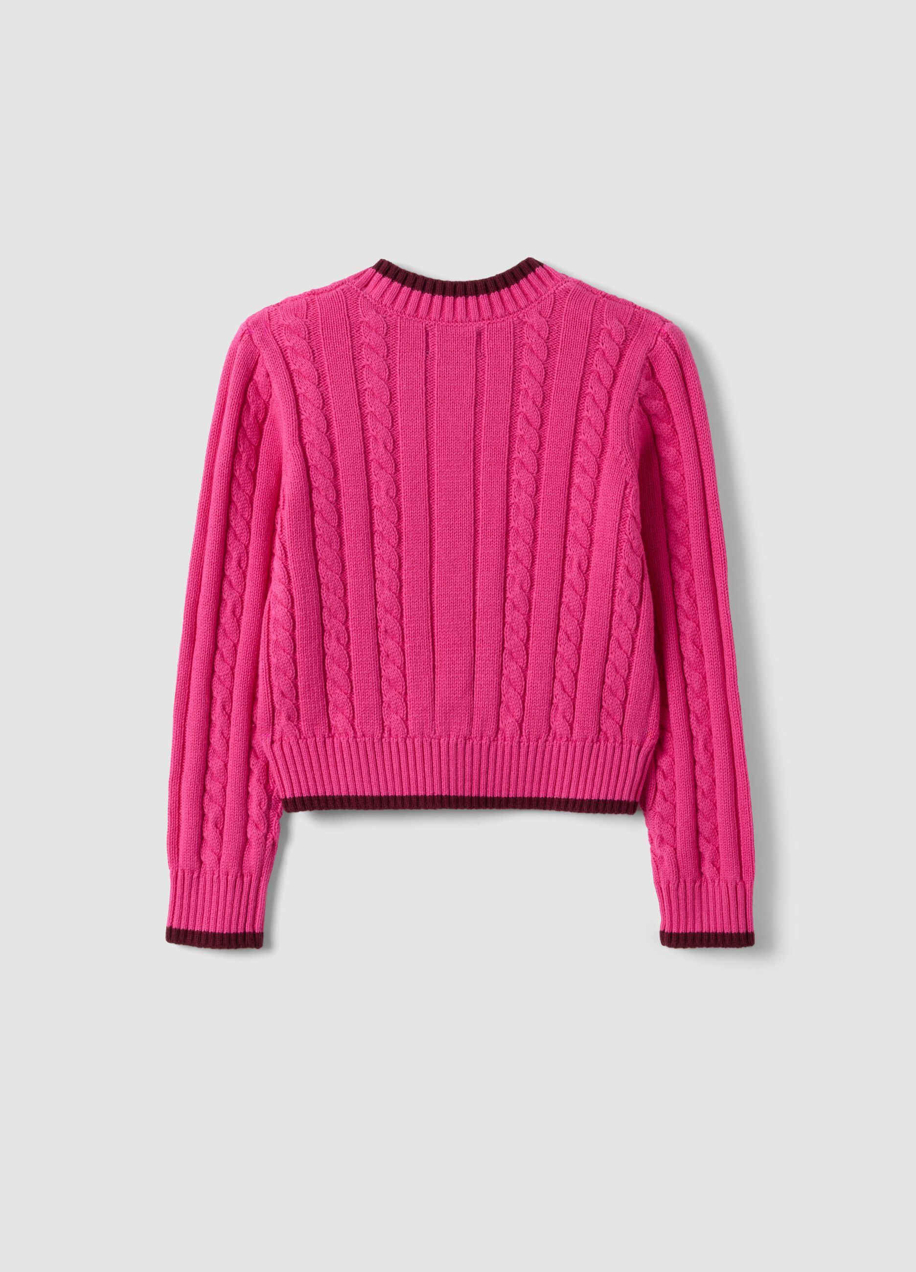 Maglia rosa in puro cotone a trecce con scollo a V per bambina