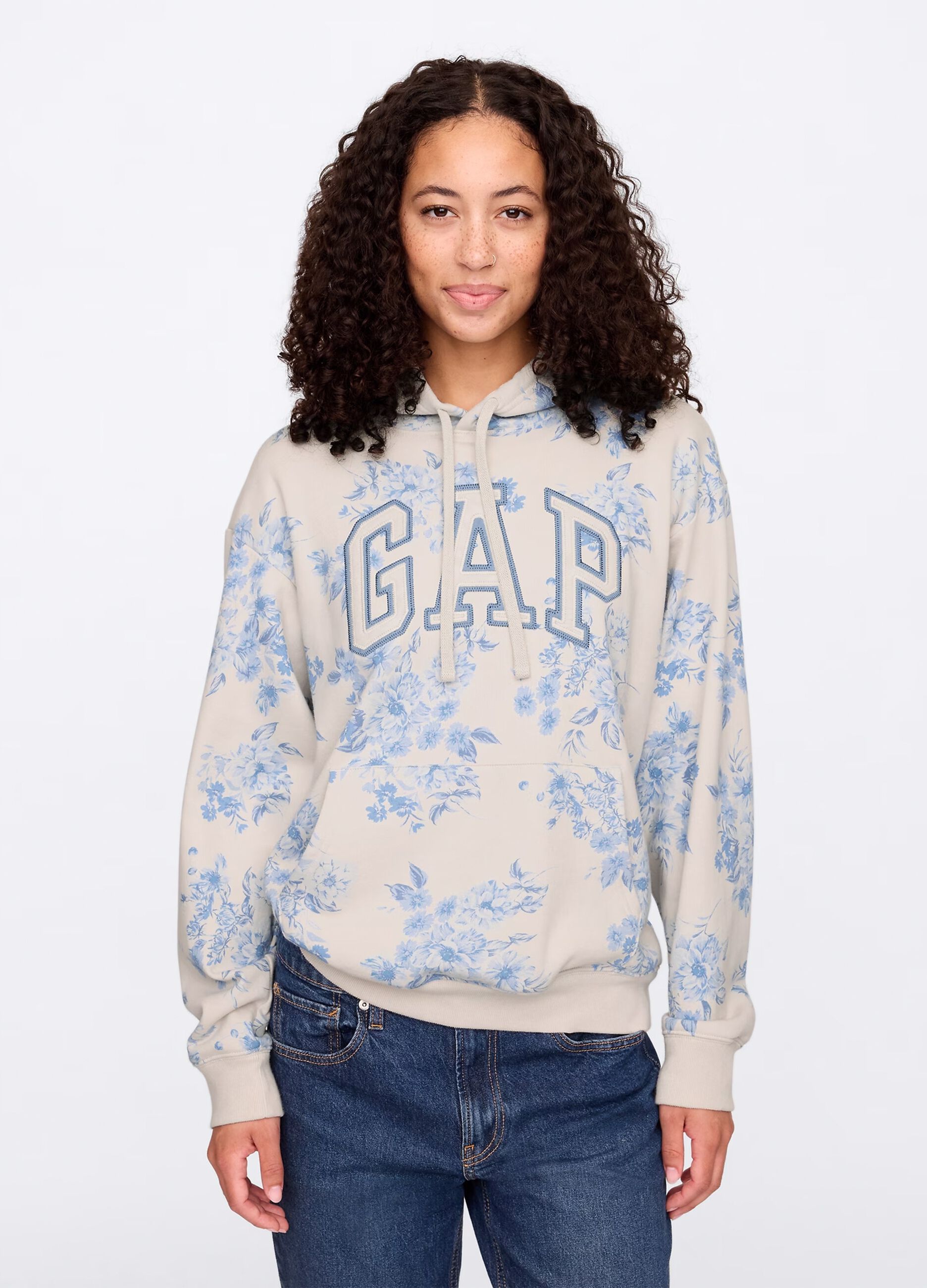 Sweat &agrave; capuche floral beige et bleu Gap