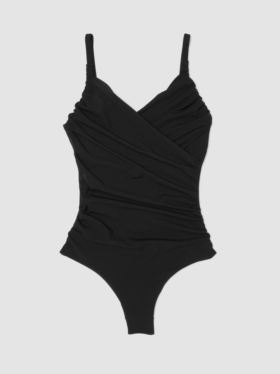 Maillot de bain une pi&egrave;ce noir stretch drap&eacute; effet gainant_0