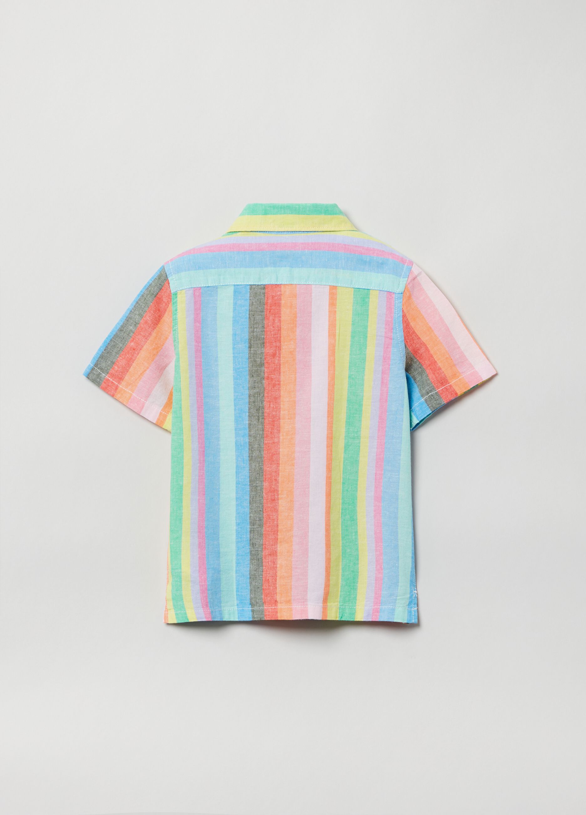 Striped linen and cotton shirt with short sleeves