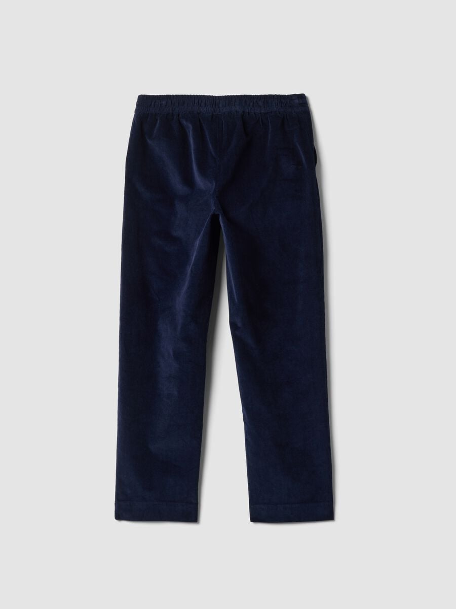 Pantaloni blu in cotone elasticizzato a coste con vita elasticizzata_6