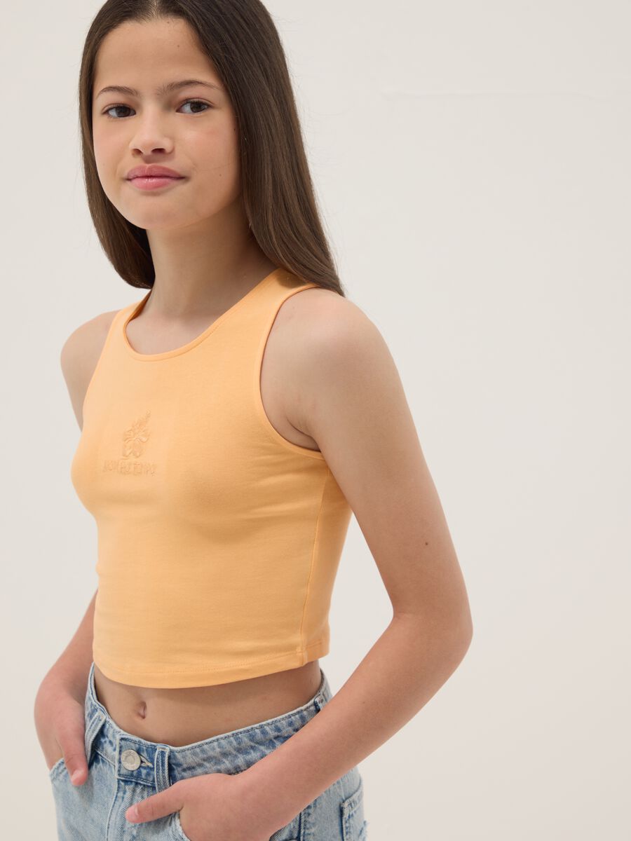 Orange fitted stretch cotton girls&rsquo; vest top with embroidery_2