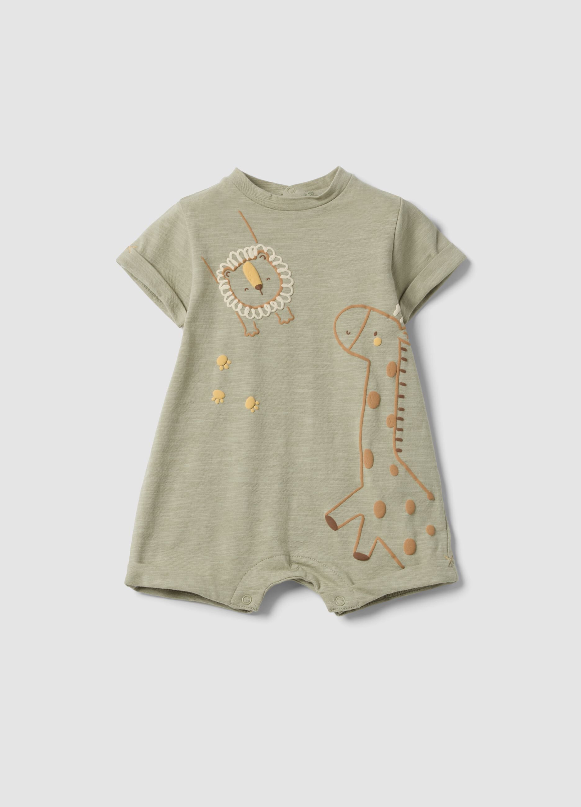Green organic cotton baby romper with animal print