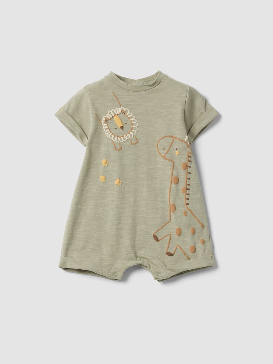 Green organic cotton baby romper with animal print_0