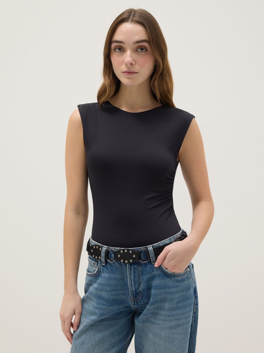 Black stretch fabric bodysuit regular fit_1