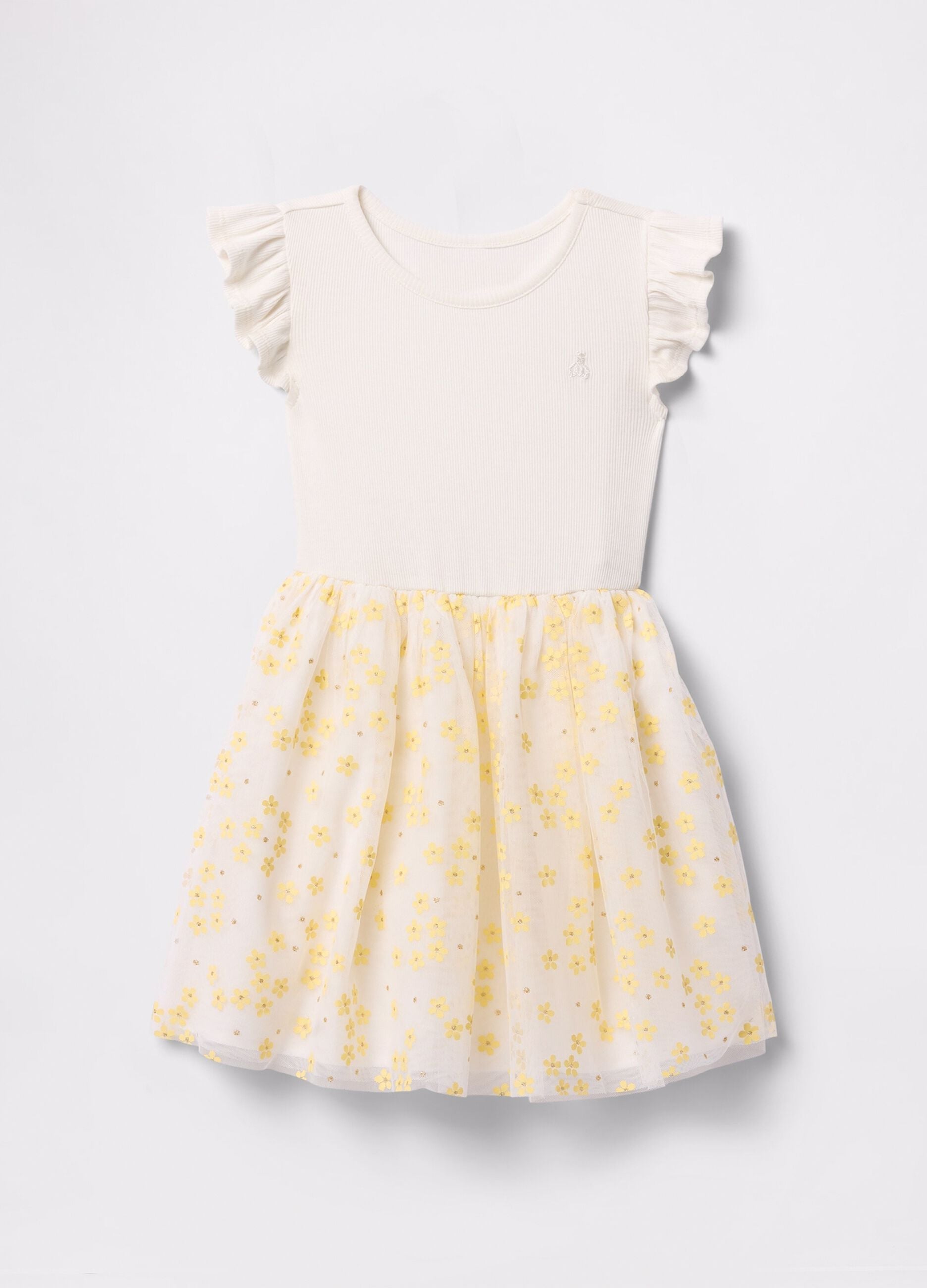 White dress with floral tulle skirt