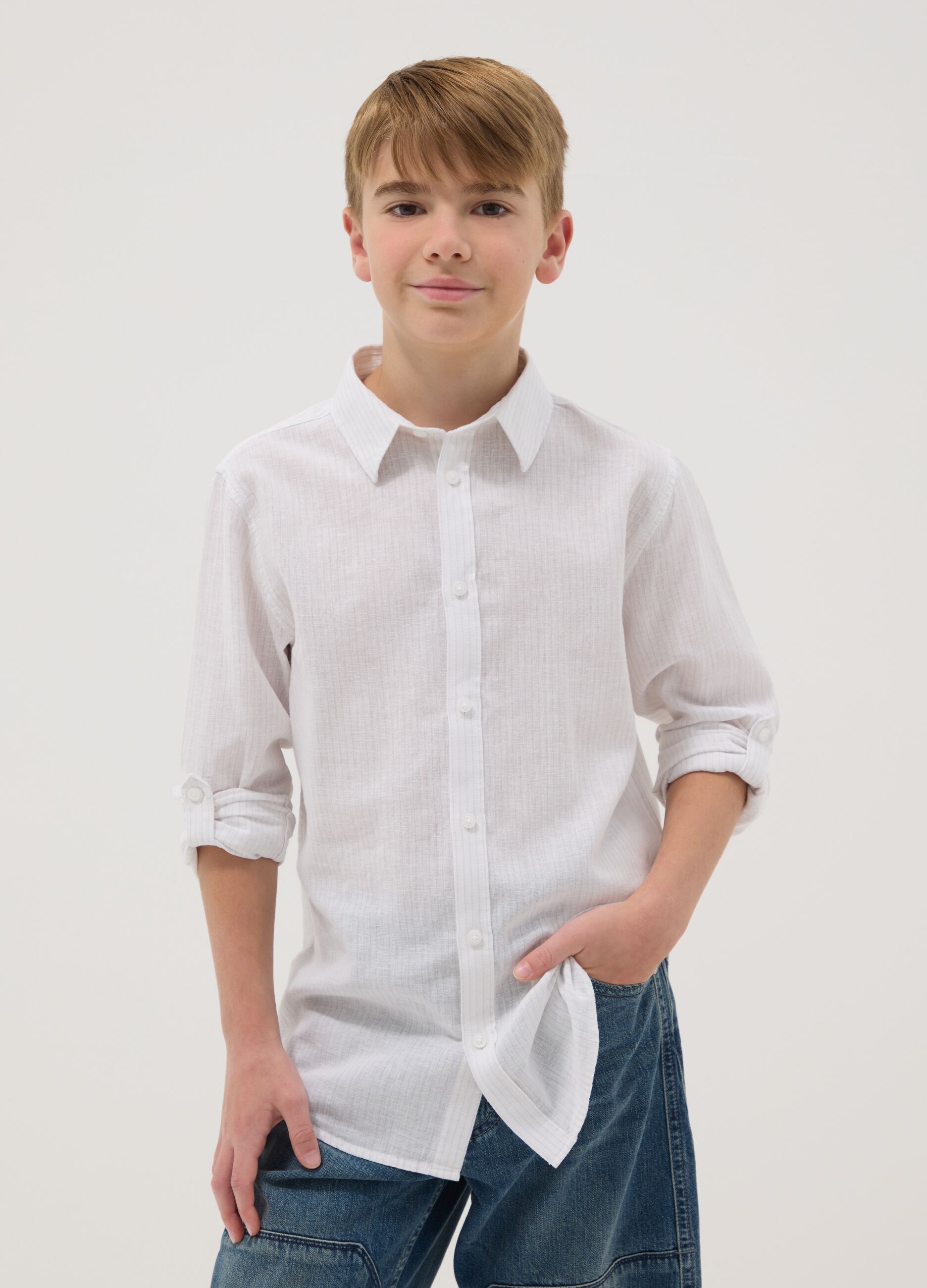 Boy's regular fit white linen cotton blend shirt