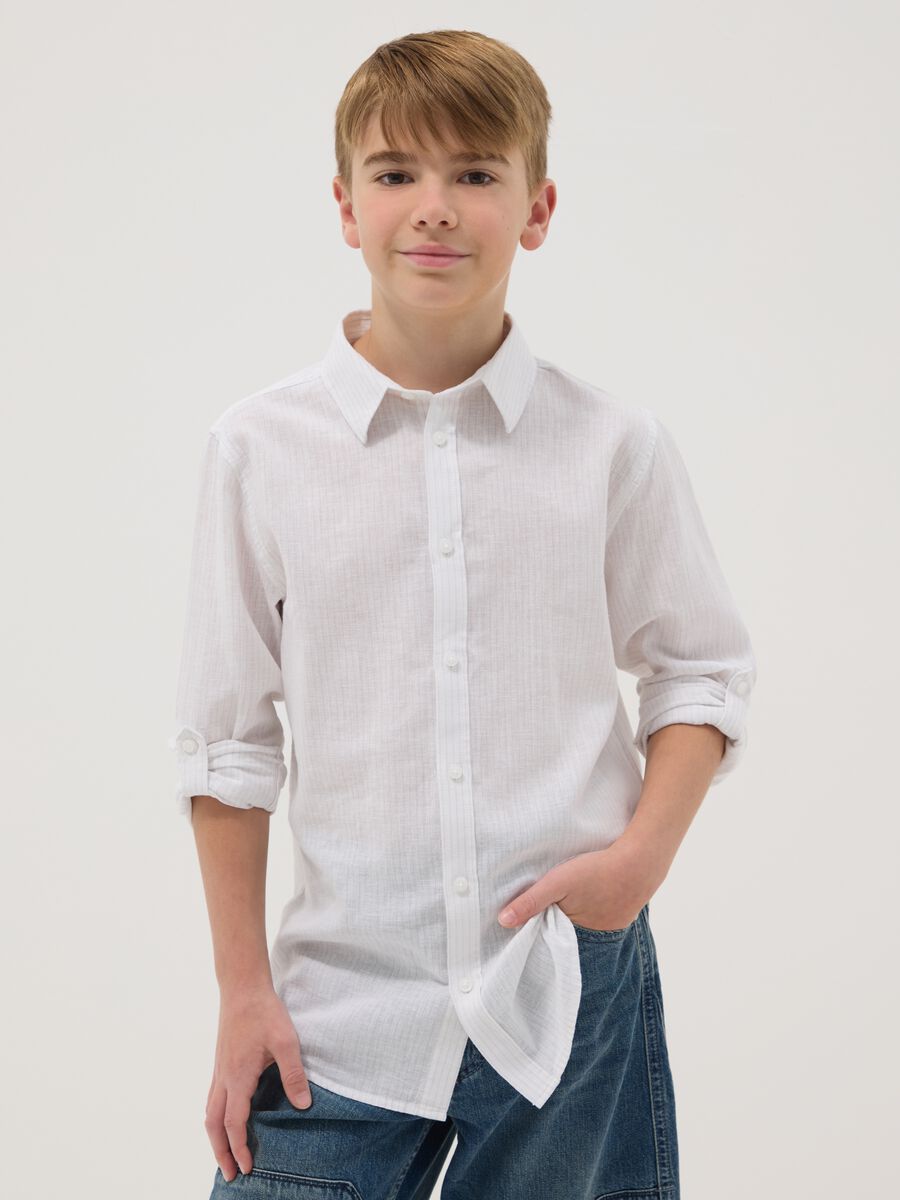 Boy's regular fit white linen cotton blend shirt_0