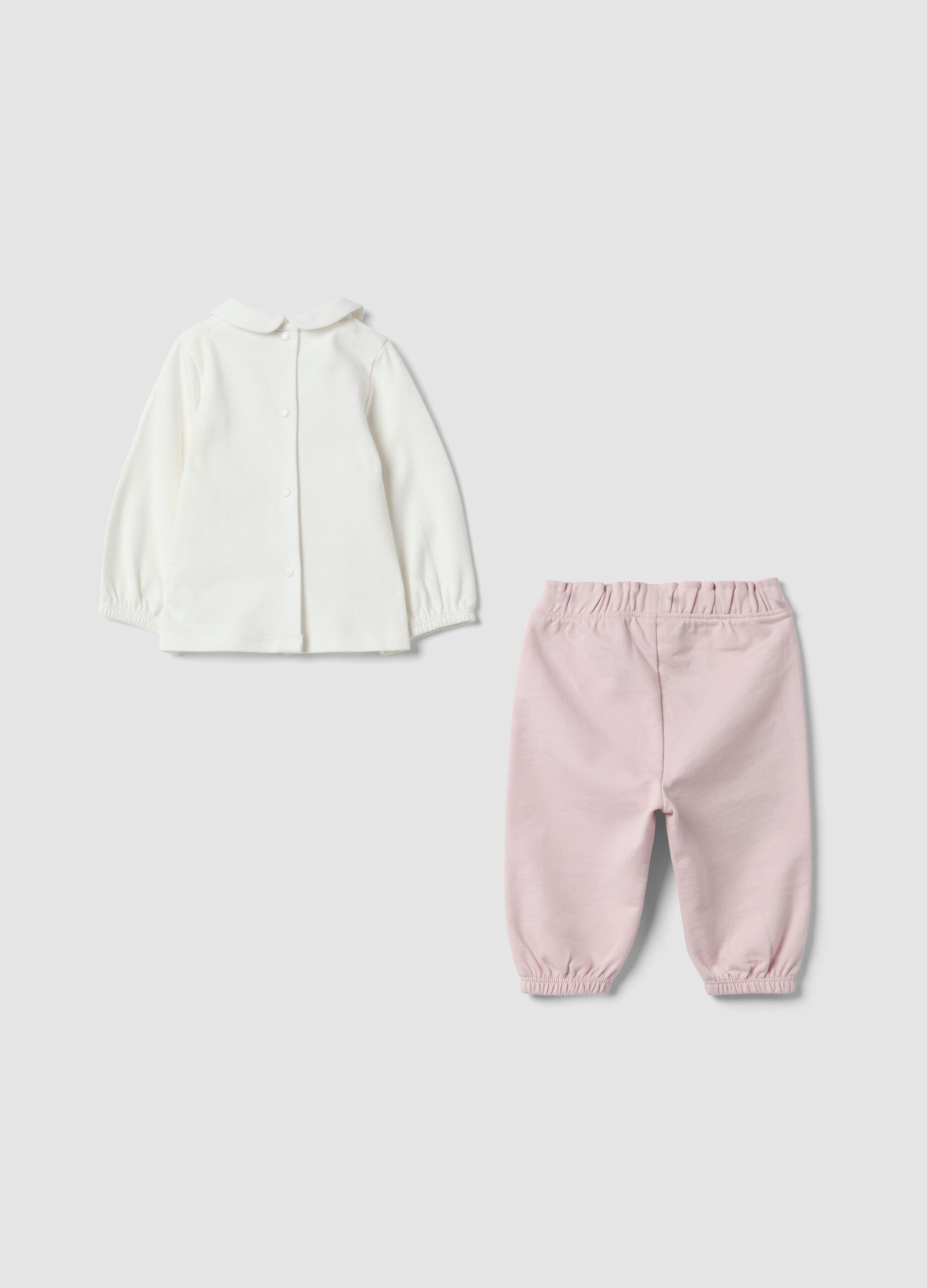 Conjunto rosa e branco em algod&atilde;o org&acirc;nico com gola cl&aacute;ssica para beb&eacute; menina