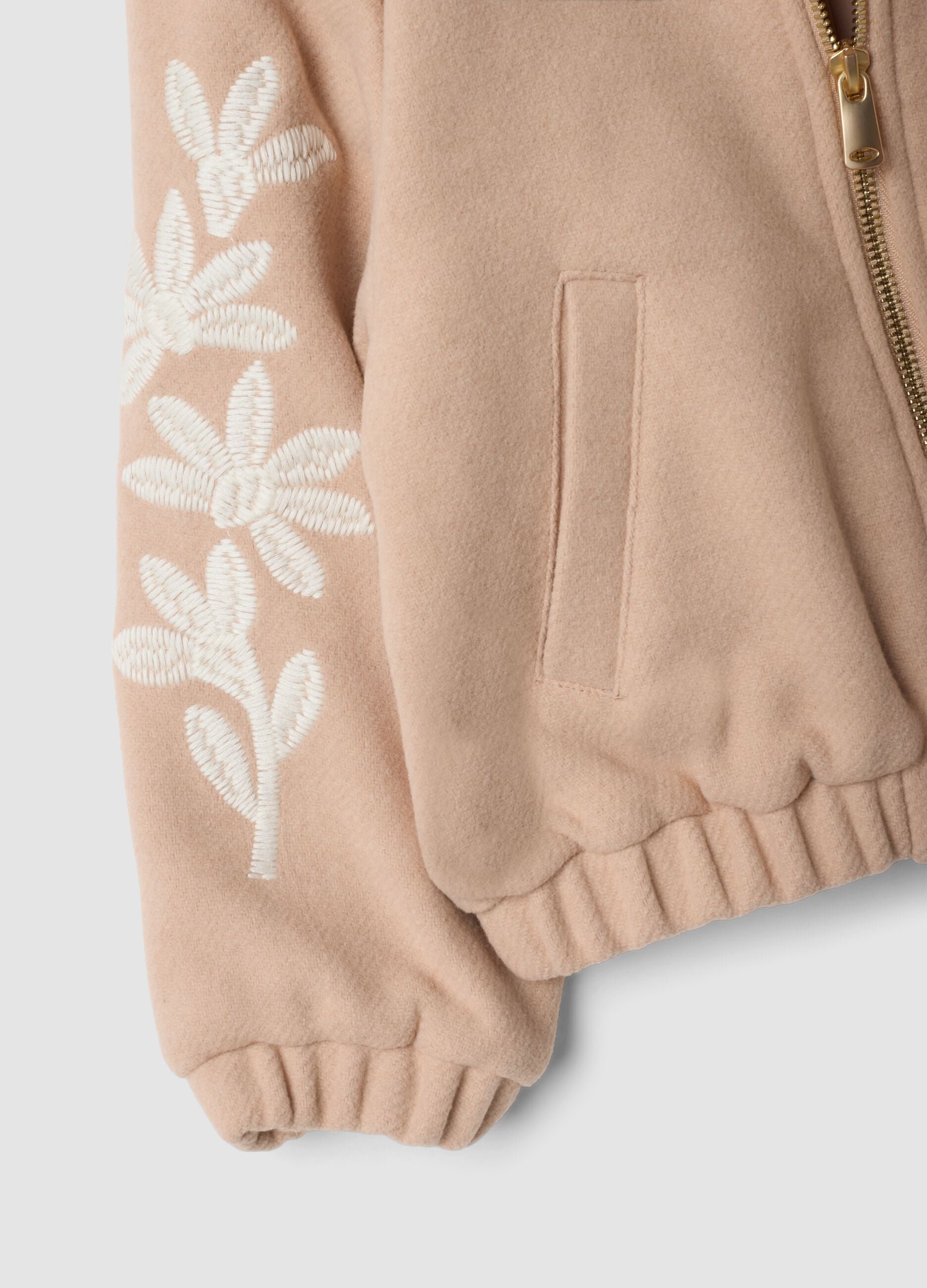 Beige wool-blend jacket with zip and floral embroidery