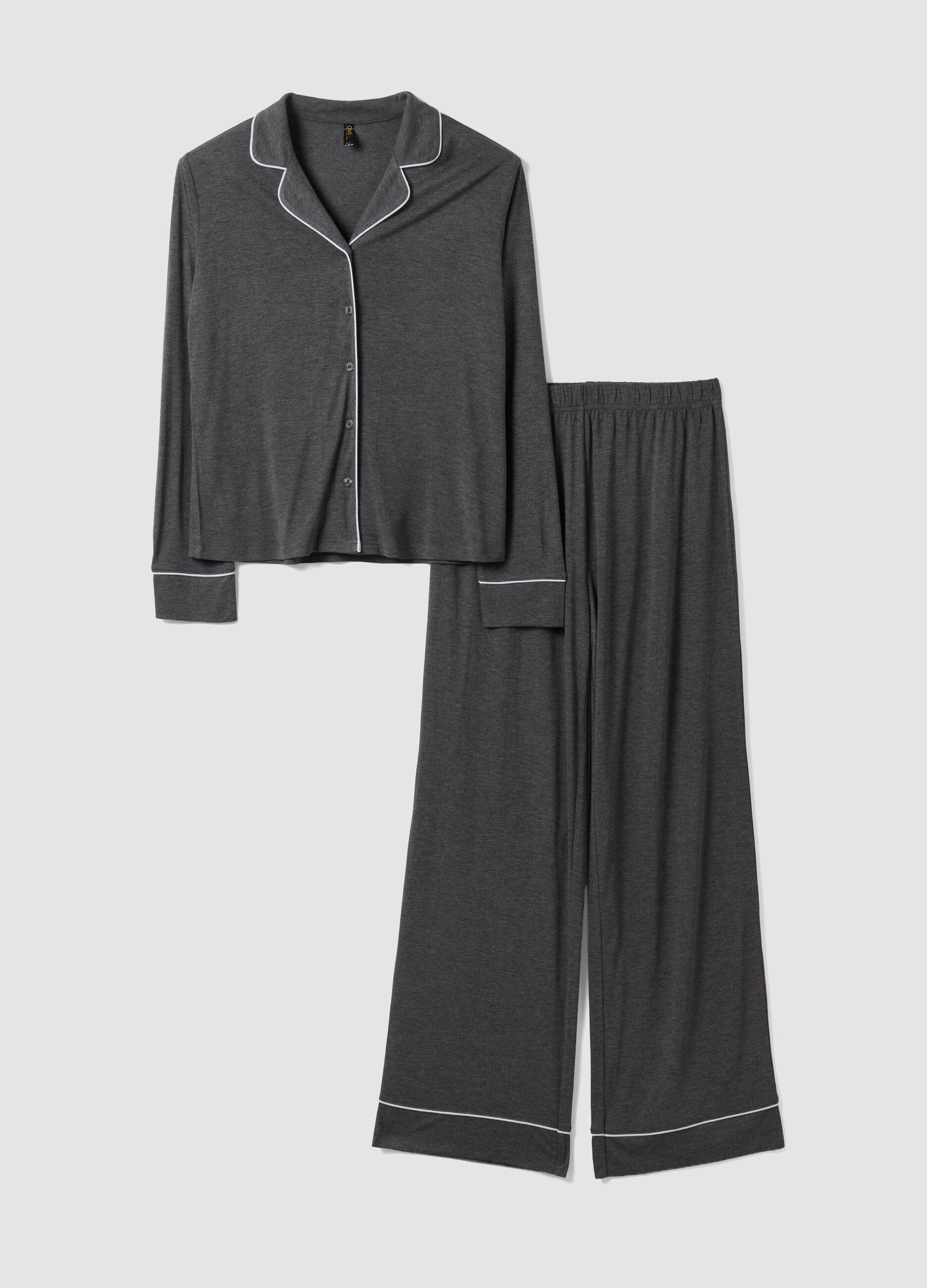 Grey pure viscose pyjamas with V-neck and contrast piping