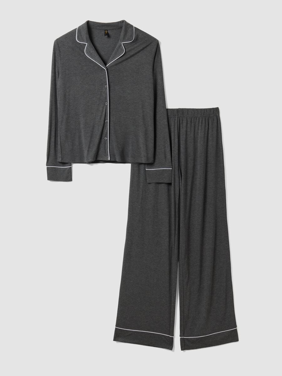 Grey pure viscose pyjamas with V-neck and contrast piping_4