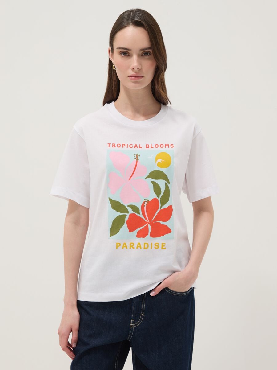 White pure cotton T-shirt with floral print, regular fit_0