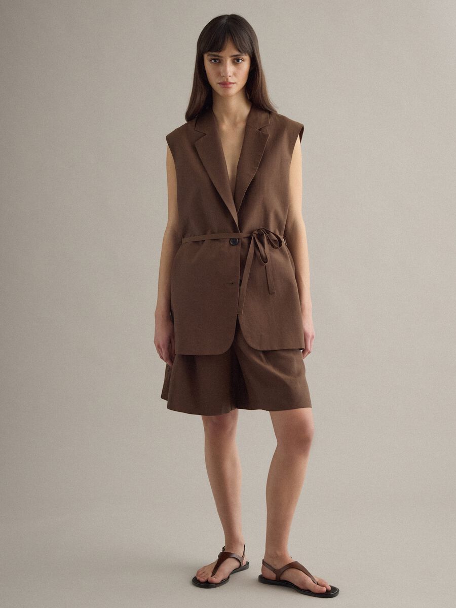 Brown regular fit lyocell and linen blend waistcoat with belt_2