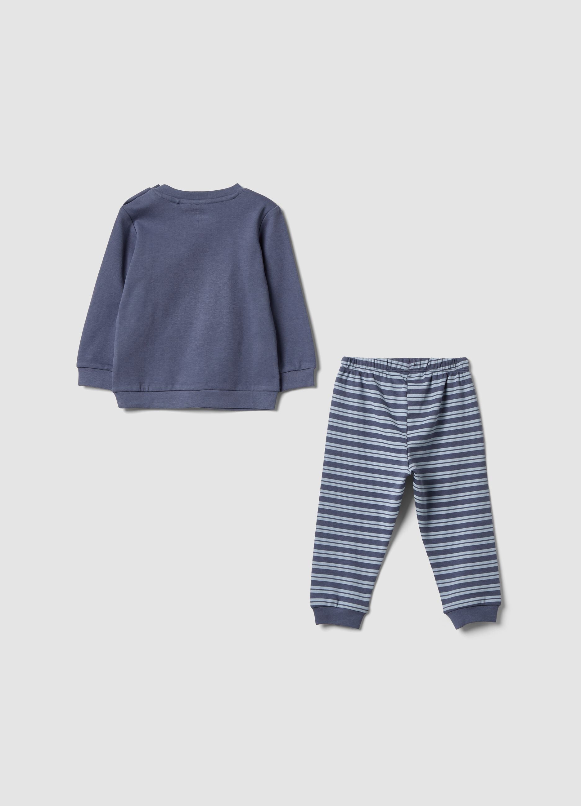 Purple organic cotton pyjamas with striped top and trousers for baby and toddler
