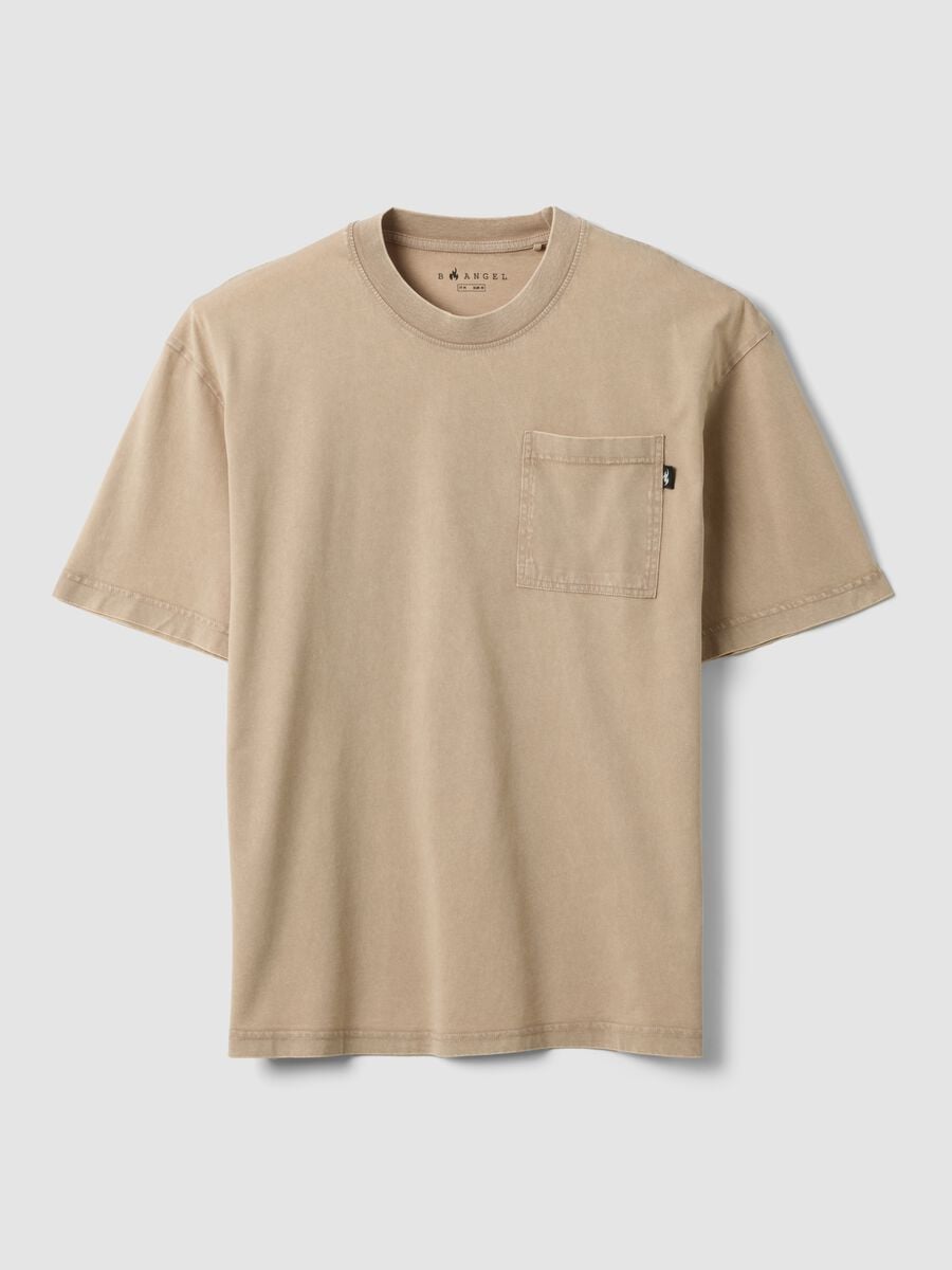Beige pure cotton T-shirt with chest pocket, regular fit_4