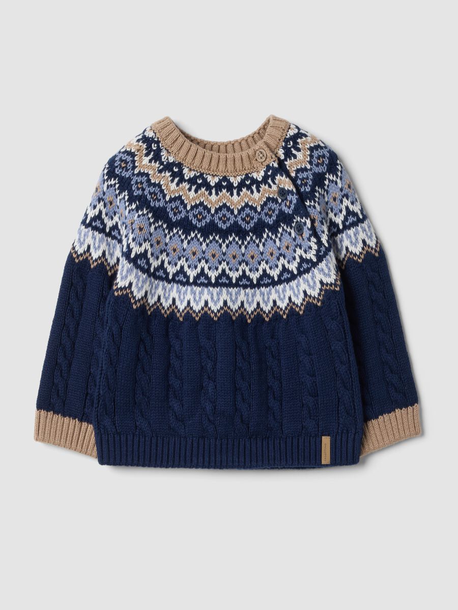 Blauer Jacquard-Pullover aus reiner Bio-Baumwolle mit Zopfmuster, Regular Fit_0