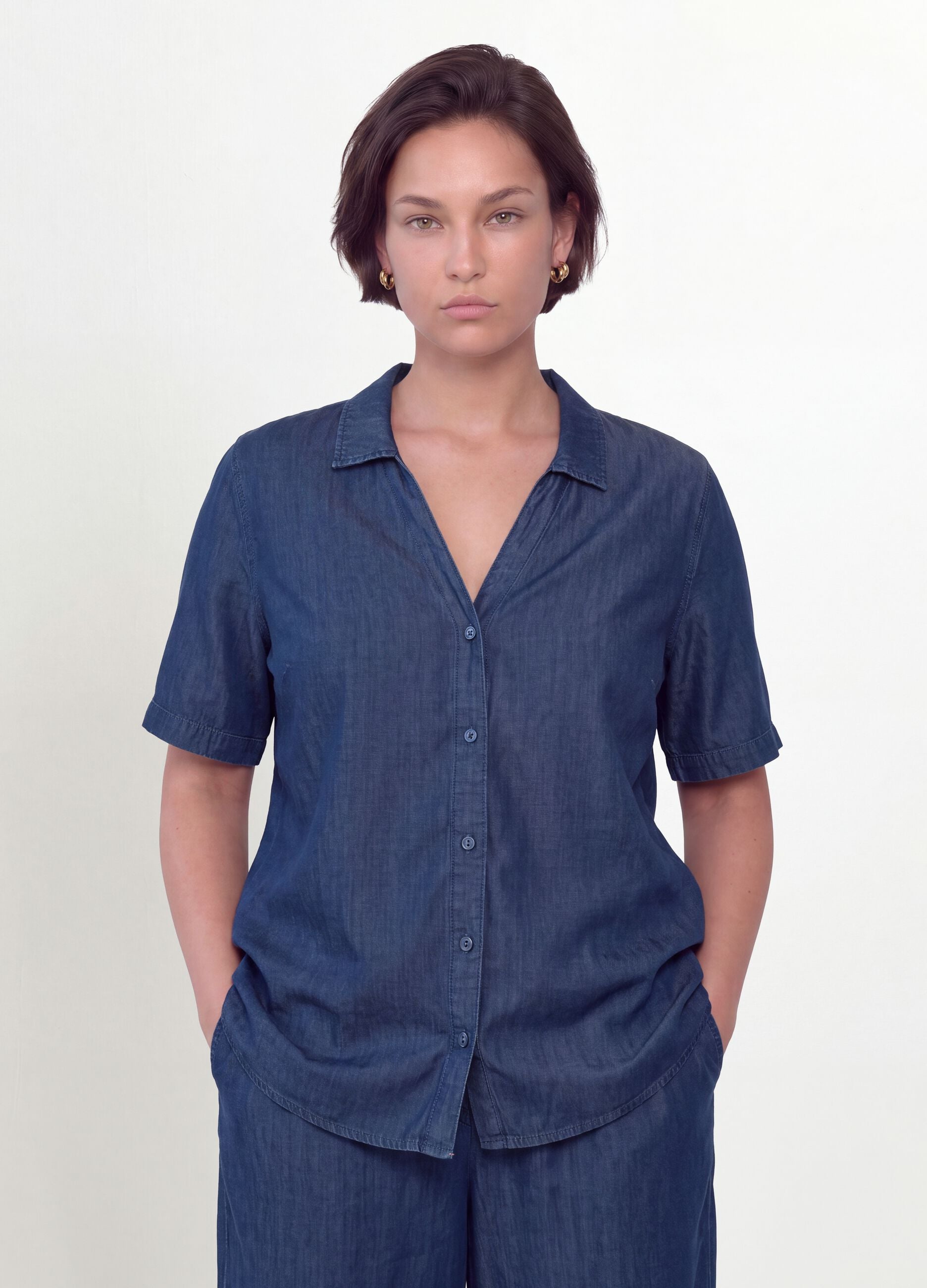 Blue pure lyocell short-sleeve shirt, regular fit