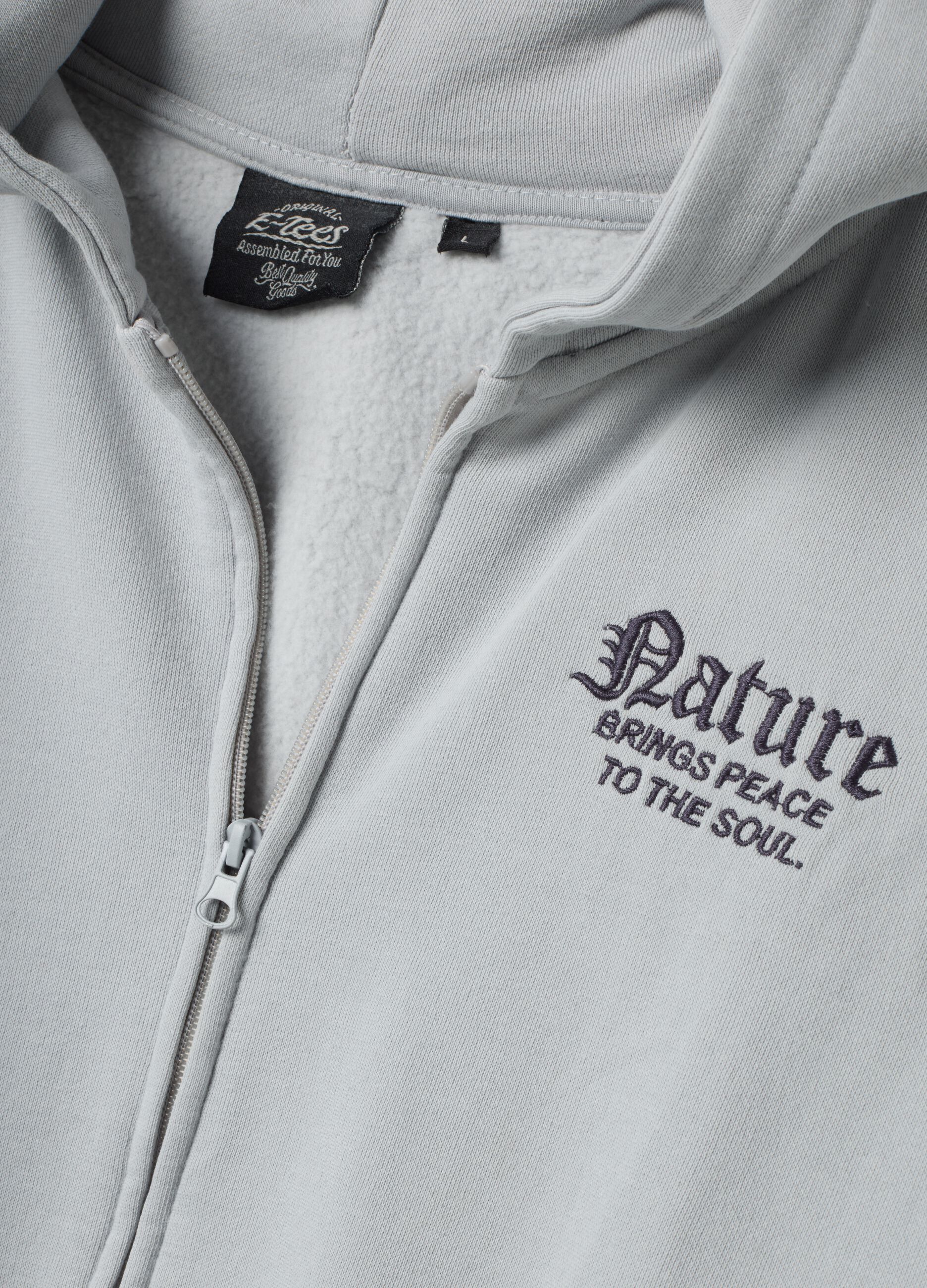Grey cotton-blend hoodie with zip and botanical branch print