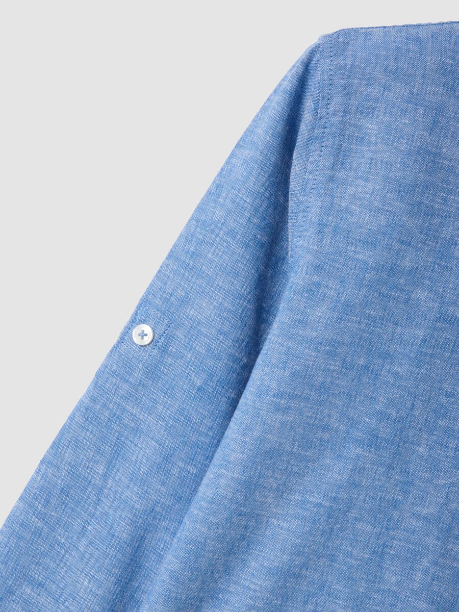 Boys&rsquo; blue linen and cotton-blend shirt with Mandarin collar, regular fit_3