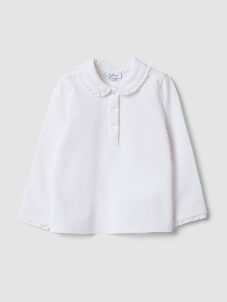 White long-sleeved organic cotton polo shirt, regular fit, for baby girl_0