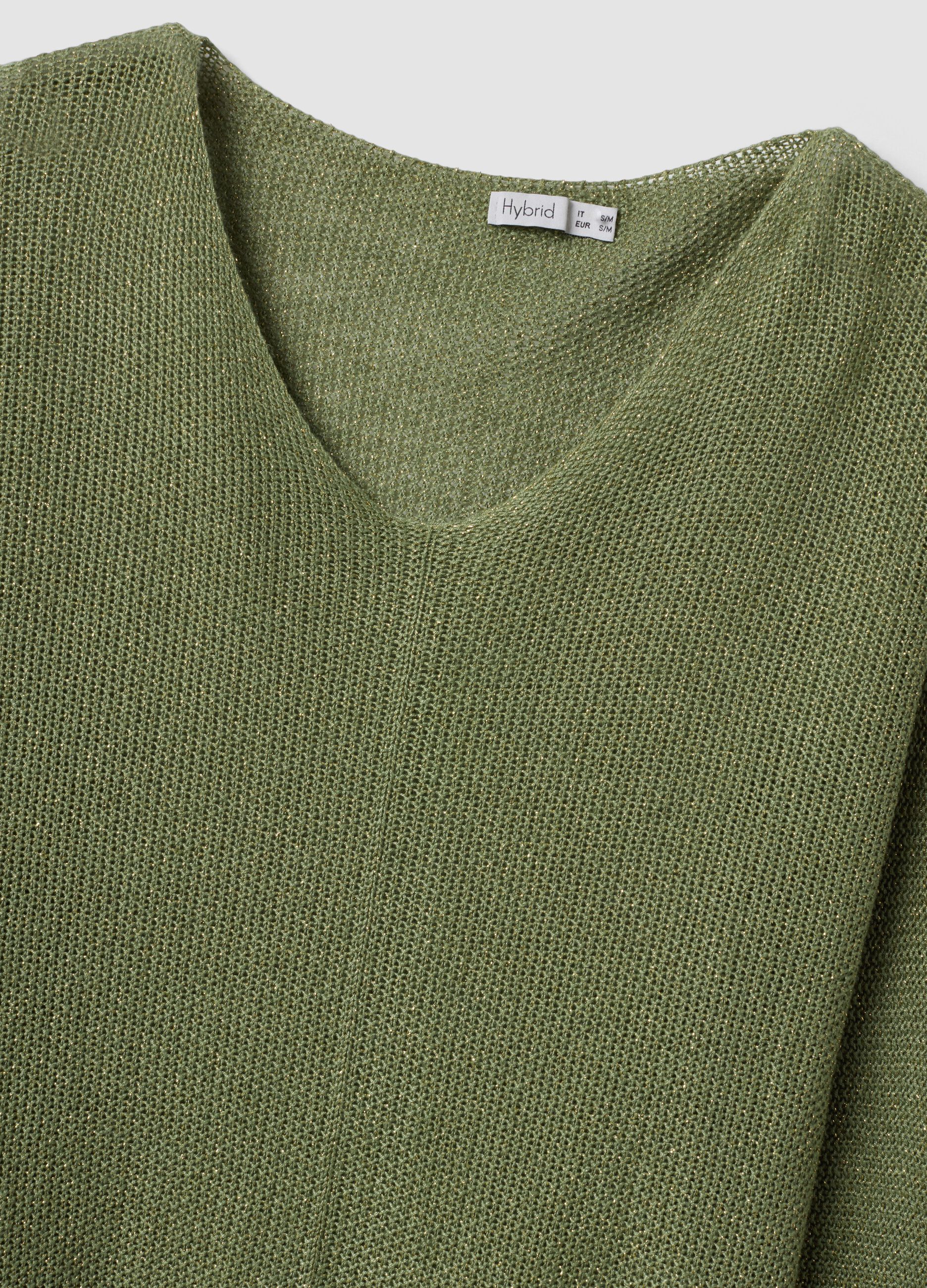 Gr&uuml;ner Pullover aus Viskose-Leinen-Mix mit V-Ausschnitt