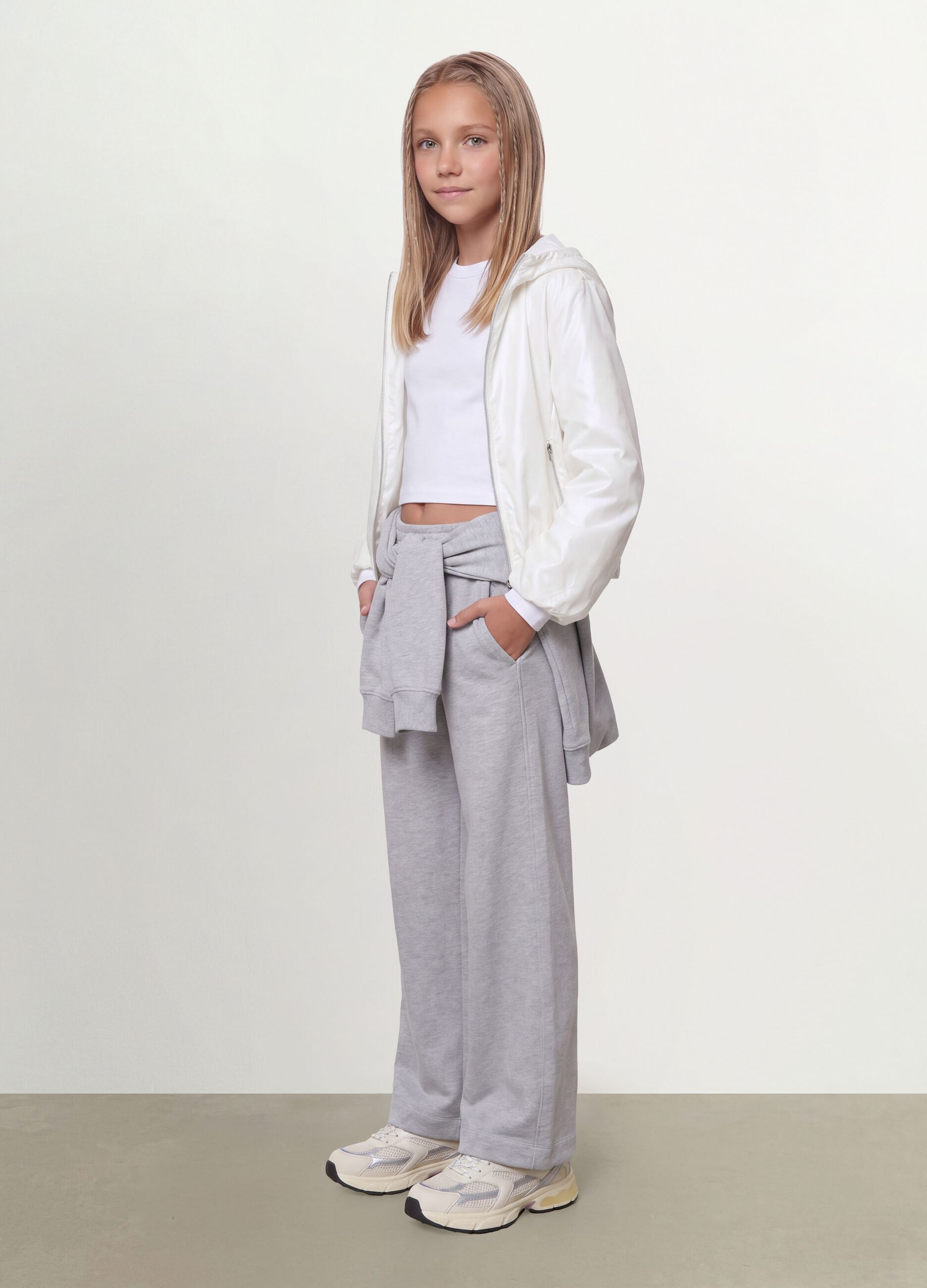 White hooded rain jacket with zip for girls