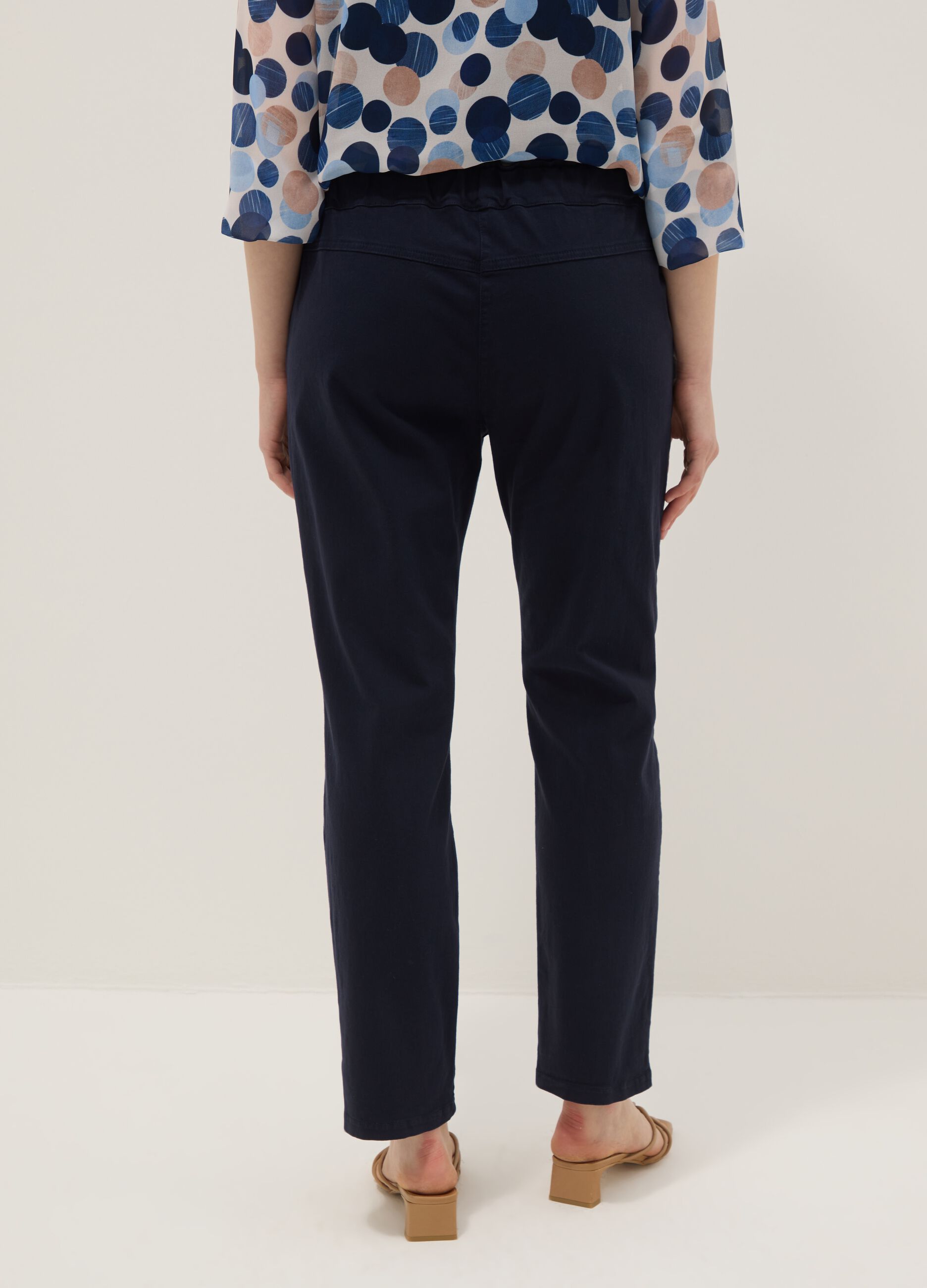 Blue stretch cotton paper bag trousers, regular fit