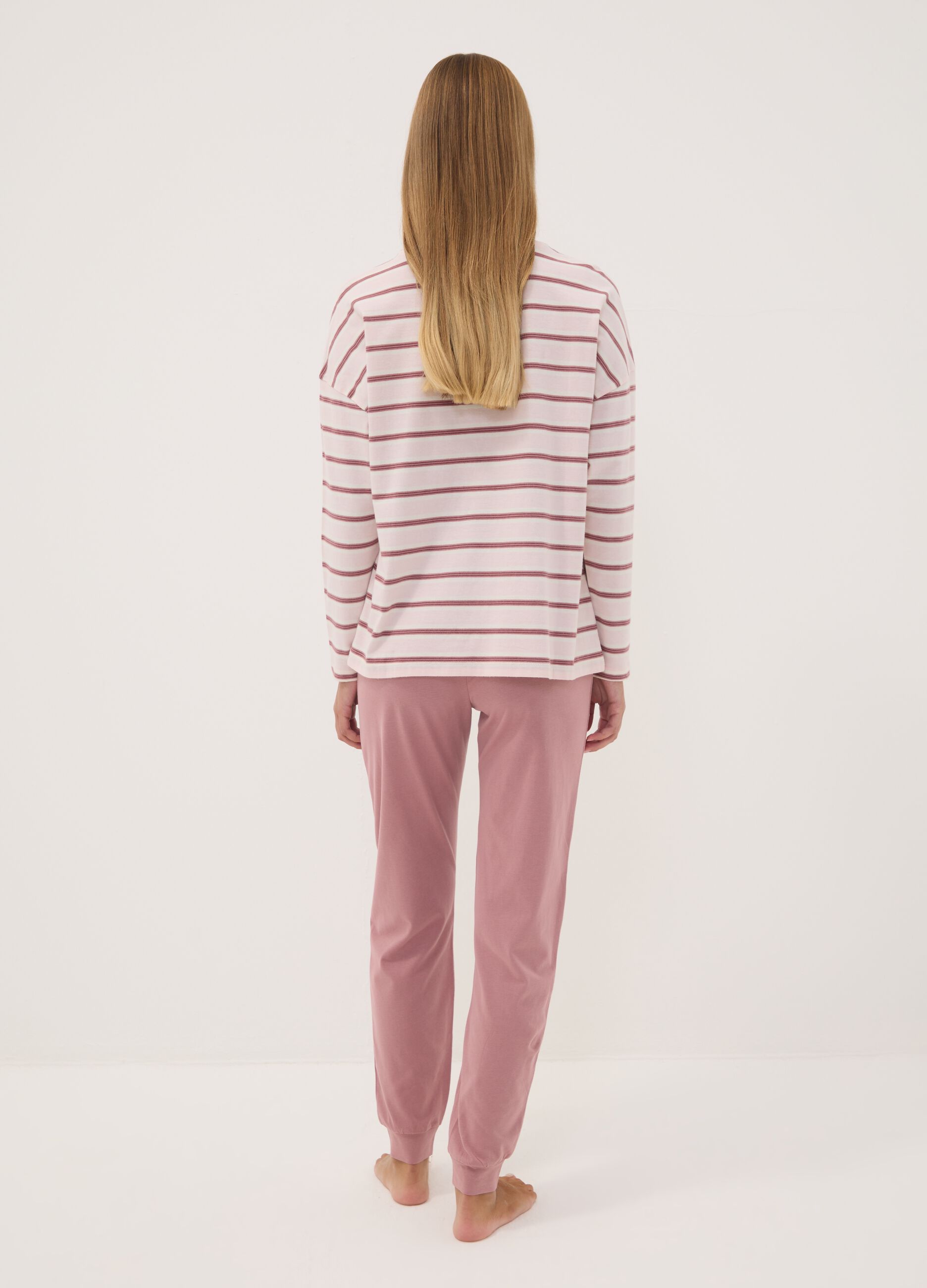 Pink pure organic cotton striped crew-neck pyjamas