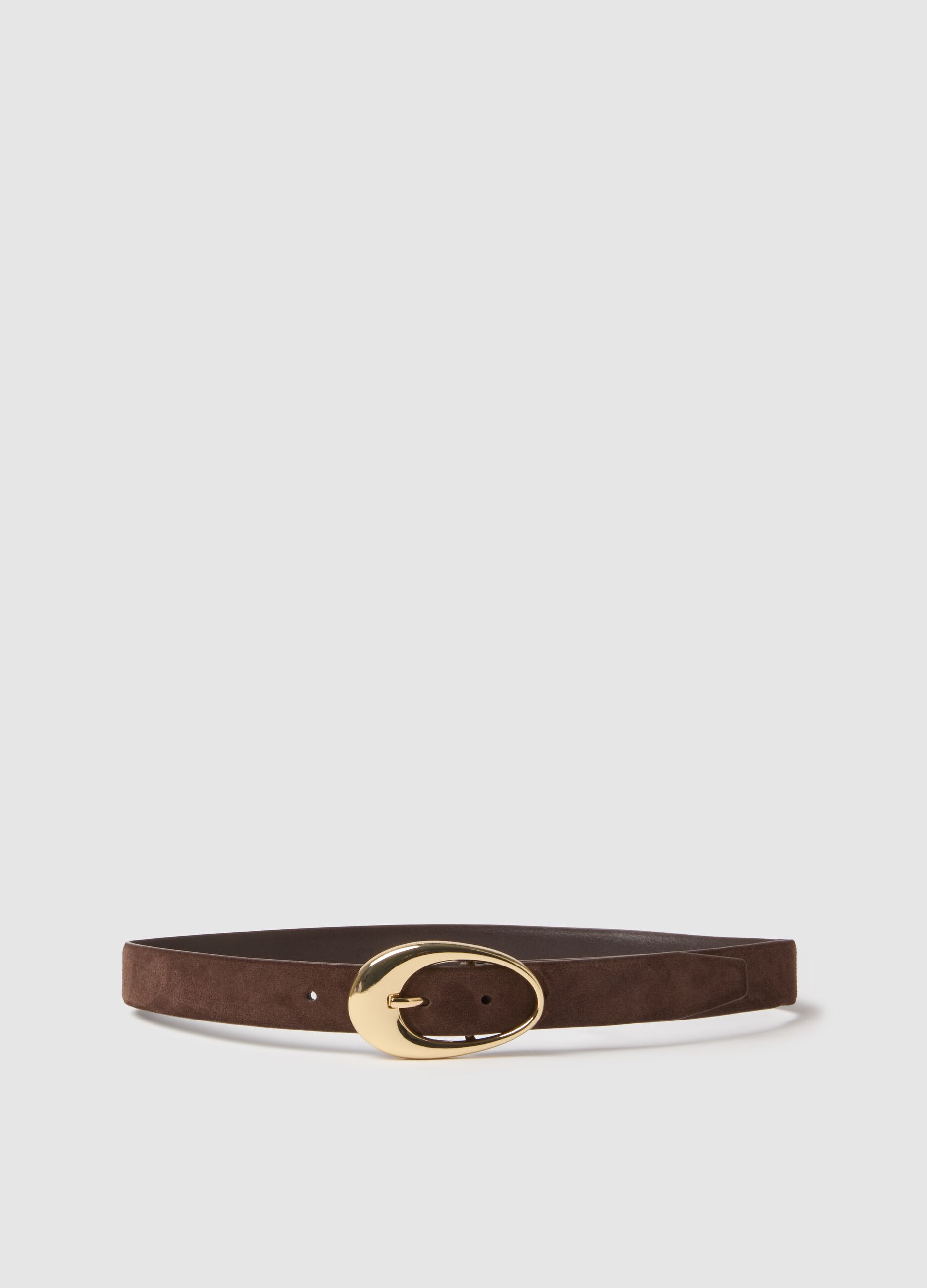 Brown genuine leather belt with golden buckle