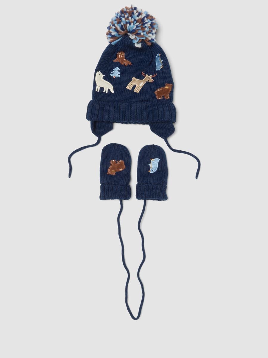 Set blu con cappello e muffole in maglia jacquard_0