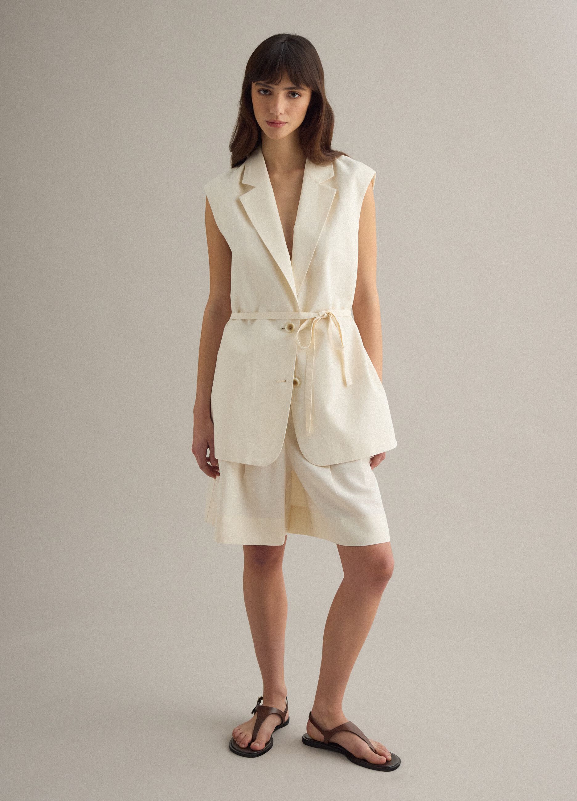 Cal&ccedil;&otilde;es Beige Regular Fit em Mistura de Lyocell e Linho