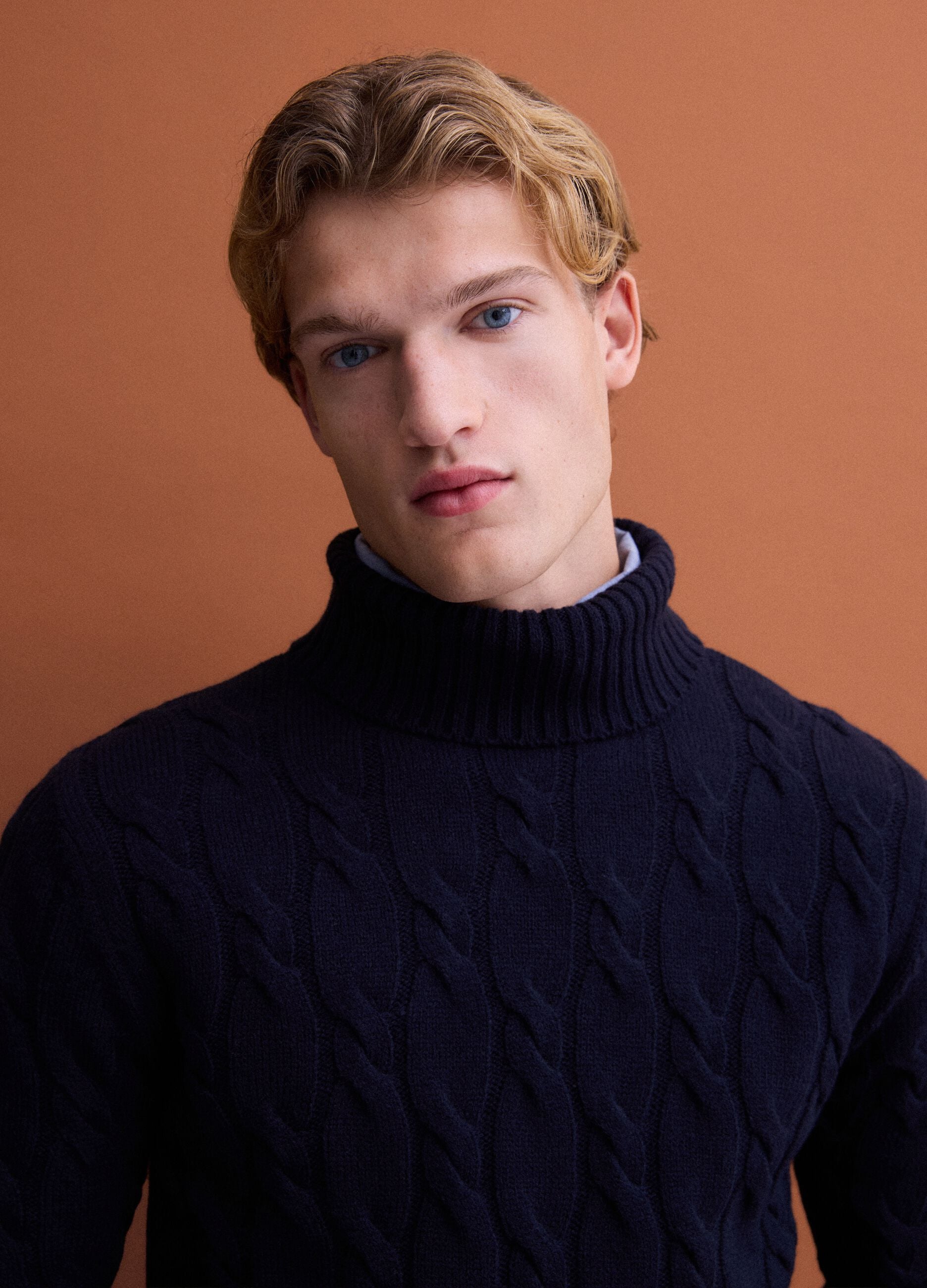 Navy blue cable-knit wool-blend regular-fit roll-neck jumper