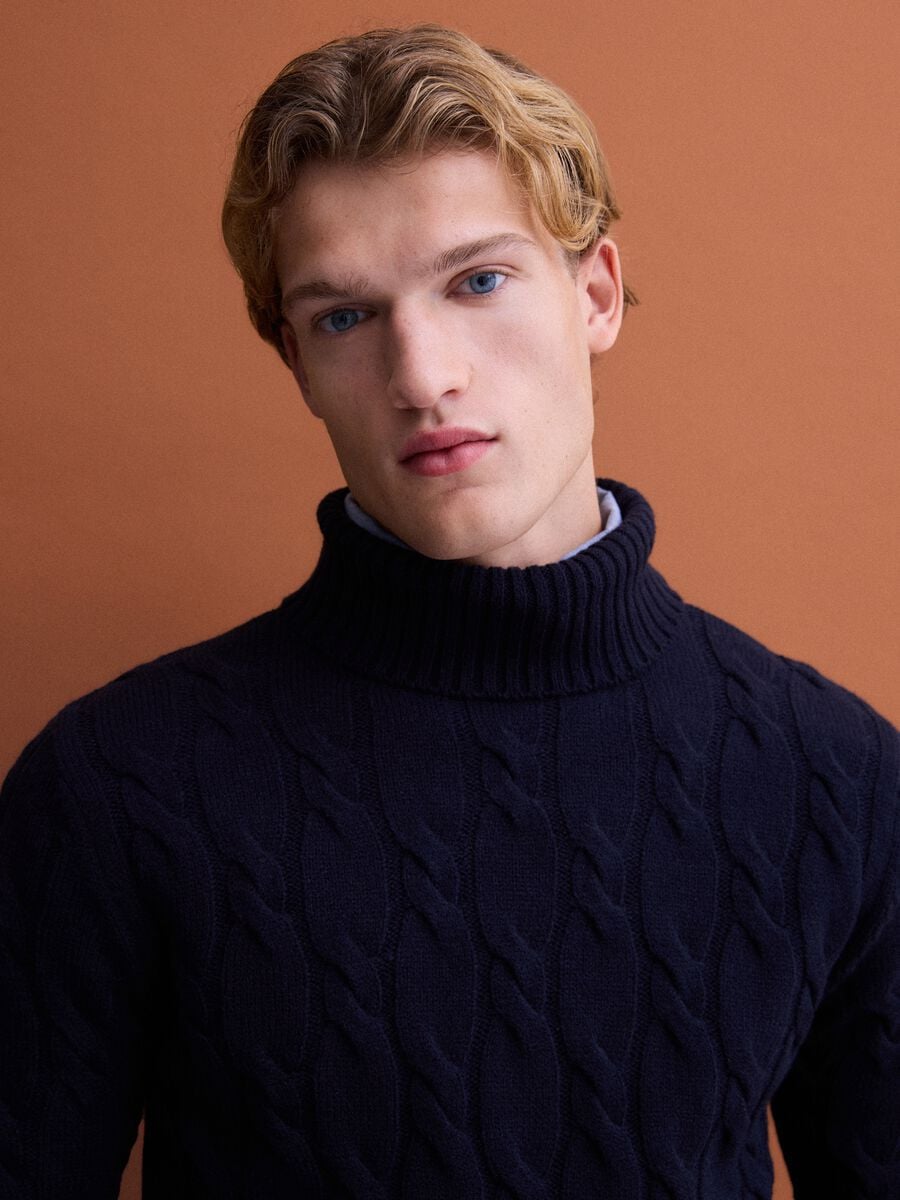 Navy blue cable-knit wool-blend regular-fit roll-neck jumper_2